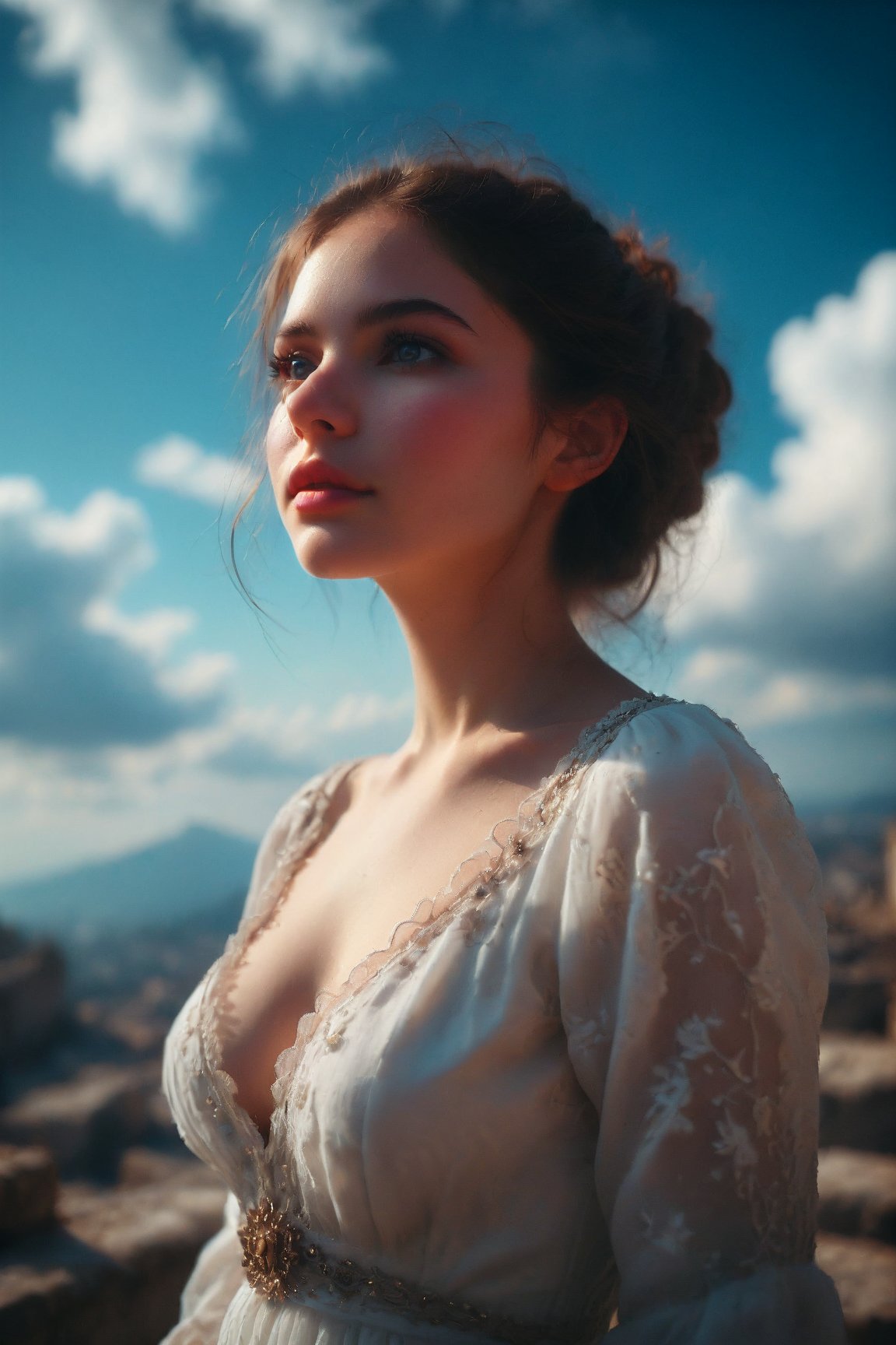 Byzantine girl with blue sky and white clouds background, sexy outfit, upper body, front view, (Masterpiece, Top Quality, Top Image Quality, Official Art, Aesthetic and Beautiful: 1.2), (1girl: 1.4), beautiful white skin, shining dark brown eyes, clear eyes, running nose, smiling face, portrait, extreme color, best Fine Detail, Simple Background, 16K, High Resolution, Perfect Dynamic Composition, Bokeh, (Sharp Focus:1.2), Super Wide Angle, High Angle, High Color Contrast, Medium Shot, Depth of Field, Background Blur,,itacstl