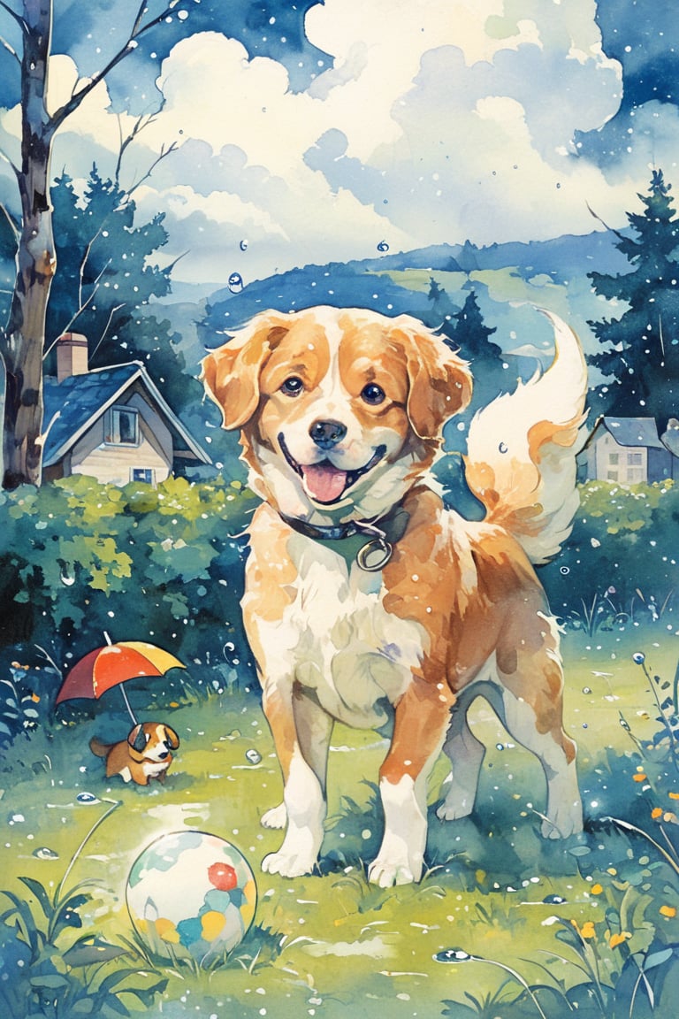 Generate a lively scene of a baby dog eagerly starting to play just before the rain begins. The puppy should be depicted with an excited and alert expression, its tail wagging and ears perked up as it senses the impending raindrops. Show the puppy standing on a patch of grass, perhaps with a ball or toy nearby, ready to engage in a playful activity. Depict the sky darkening with storm clouds and a few raindrops starting to fall, creating a sense of anticipation and excitement in the air. Place the scene in a natural outdoor setting, with trees swaying in the wind and the scent of rain filling the air, adding to the overall ambiance of anticipation and excitement. Ensure that the image captures the puppy's enthusiasm and readiness to play, evoking a sense of energy and anticipation in the viewer.