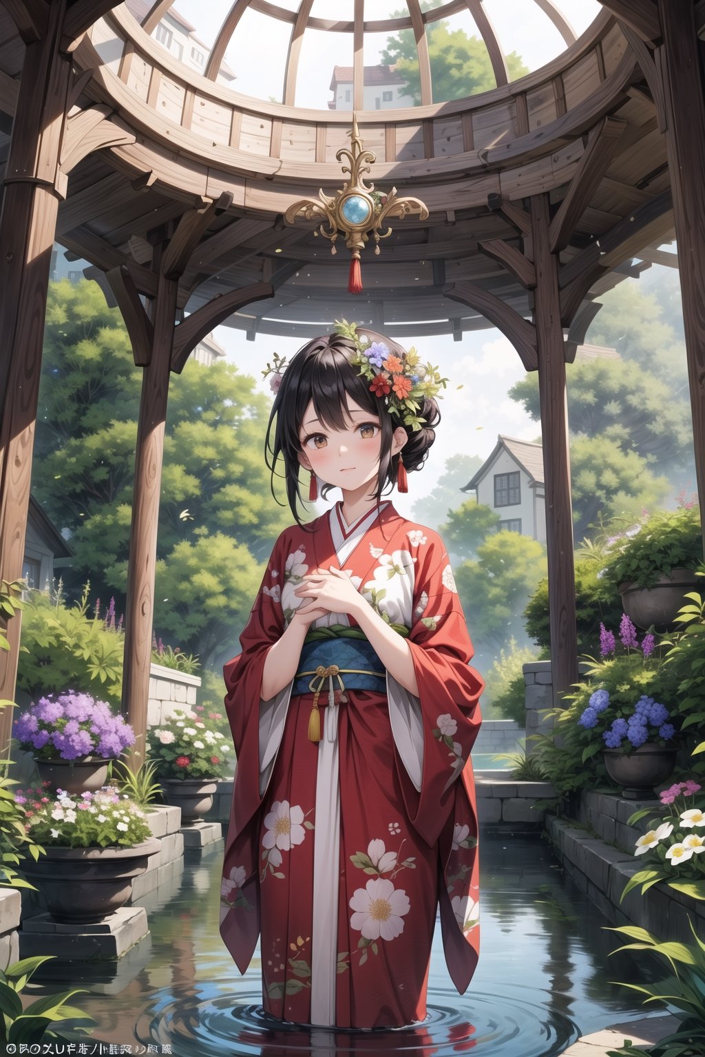
In a garden where morning glories are blooming in wild abundance, a girl clad in a kimono stands serenely. Her traditional dress is a beautiful contrast against the vibrant blues, purples, and pinks of the flowers surrounding her. The morning light filters through the foliage, casting a soft glow on her delicate features. The kimono, with its intricate patterns and flowing sleeves, complements the natural beauty around her. She appears as if she is a part of this enchanting scene, where the tranquility of nature and the elegance of tradition merge seamlessly. Her gaze is thoughtful, perhaps reflecting on the fleeting beauty of the blossoms, which, like the moments in time, are here today and gone tomorrow. This serene tableau captures a moment of quiet beauty and contemplation amidst the riotous color of a garden in full bloom.