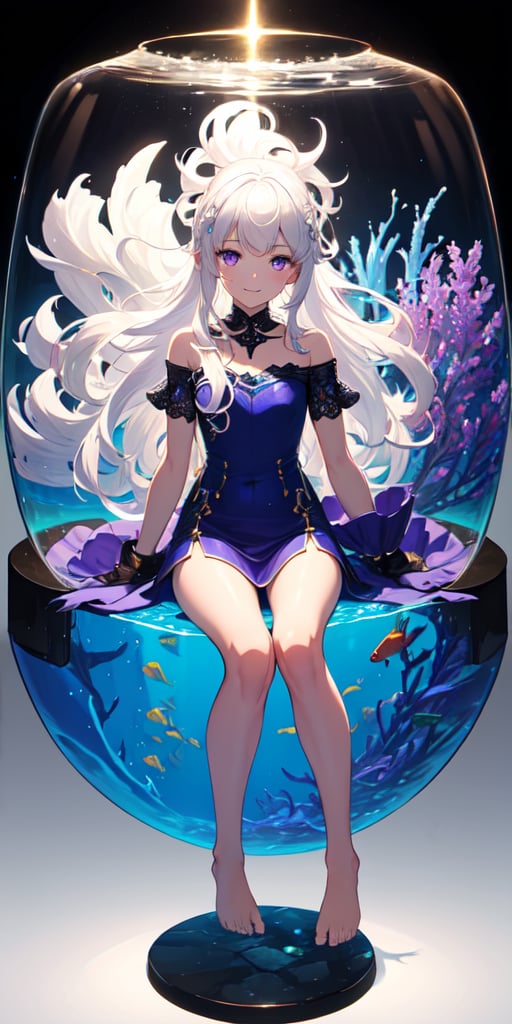 [(Transparent background:1.5)::5],(((masterpiece))),(((best quality))),(((extremely detailed))),illustration, girls,solo,mysterious,vivid color,shiny, underwater transparent sealed hemispherical glass dome, (white hair),(purple eyes), full body,barefoot,long hair tranquil nature, koi,Underwater, Dome,close up,Dynamic actions,Lens perspective,(((Box composition))),sit cross-legged and lean against the bookshel, volumetric lighting, multi-color eyes, detailed eyes, hyper detailed,light smile, highly detailed, beautiful, small details, ultra detailed, best quality, intricate, 4k, 8k, trending on artstation, good anatomy, beautiful lighting, award-winning,