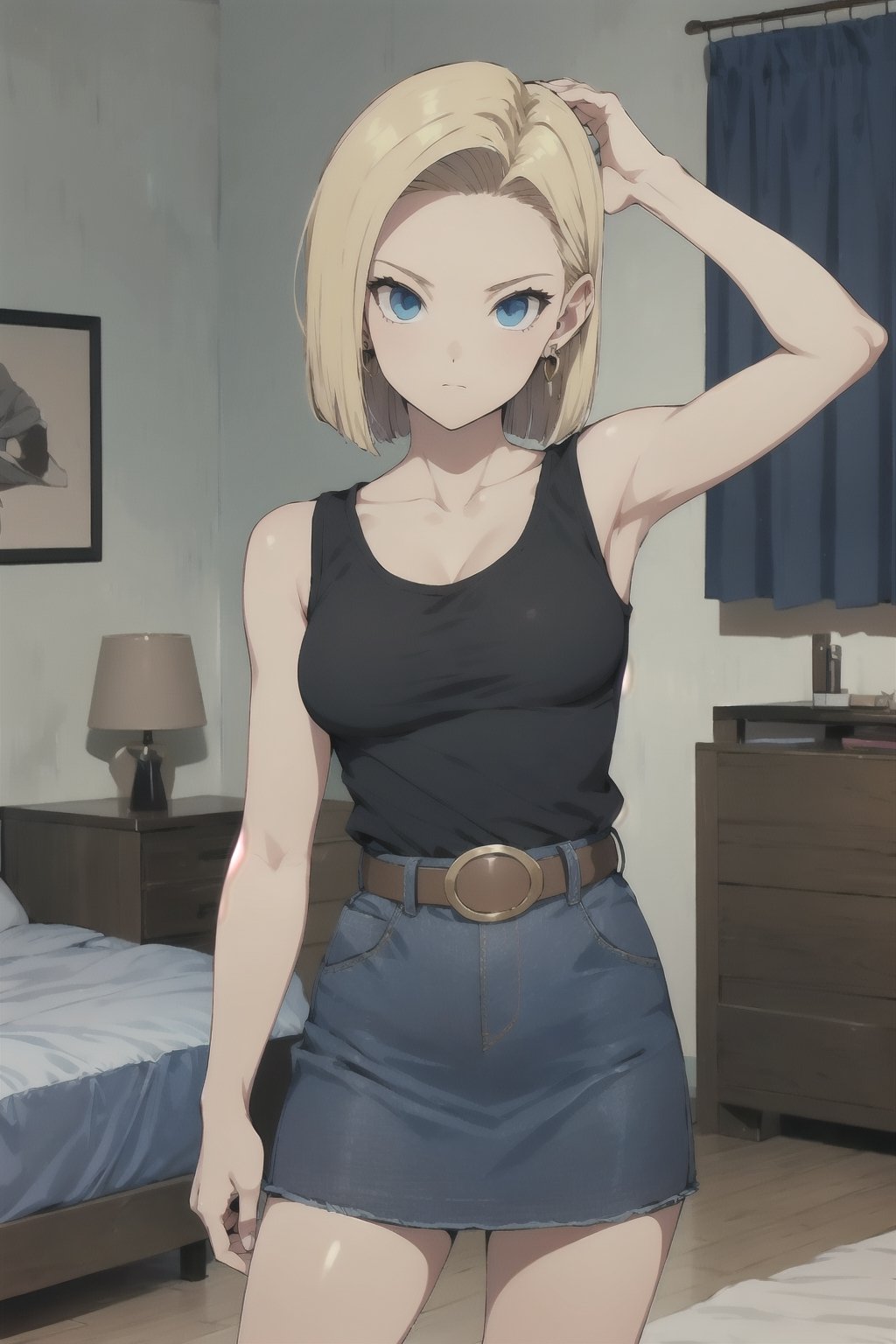 Android 18, adult, tall girl, 1girl, android 18, blonde hair, bed room, tank top, armpits, blue eyes, short hair, belt, denim skirt, earrings,  jewelry, looking at viewer, standing, shirt, blue skirt, collarbone, black , denim,  breasts,1girl, raised arms,