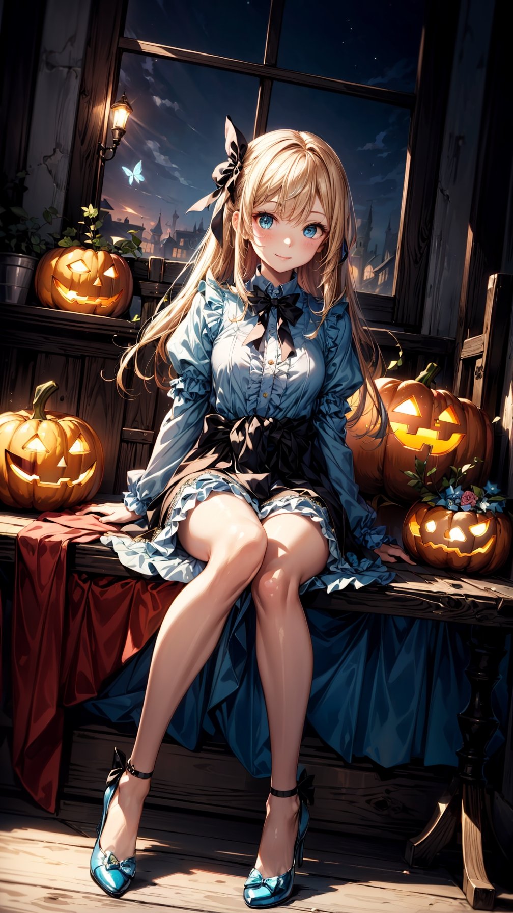 (best quality, masterpiece, illustration, designer, lighting), (extremely detailed CG 8k wallpaper unit), (detailed and expressive eyes), detailed particles, beautiful lighting, a cute girl, long blonde hair, wearing a teddy bear tiara, ((Portable  glowing jack-o'-lantern)),sitting,light smile,donning a beautiful blue and white dress with ruffles and lace, sheer pink stockings, transparent aquamarine crystal shoes, bows around her waist (Alice in Wonderland), butterflies around, (Pixiv anime style), (Wit studios),(manga style), 