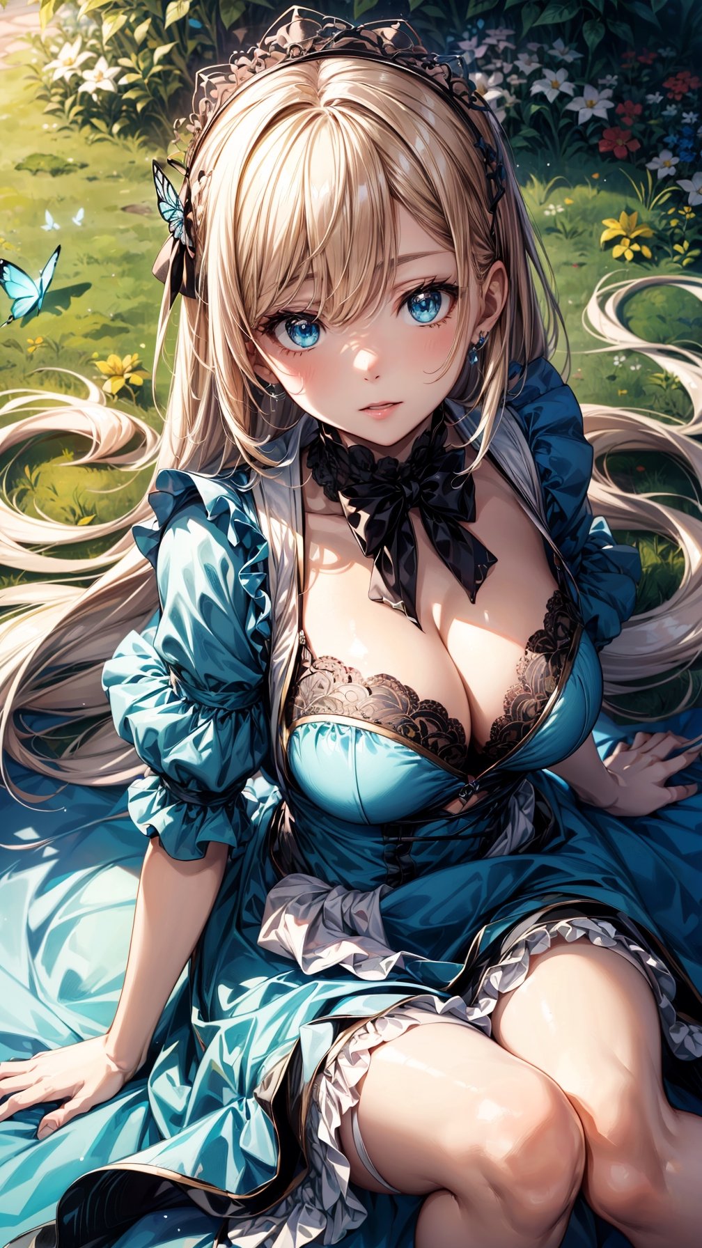 (best quality, masterpiece, illustration, designer, lighting), (extremely detailed CG 8k wallpaper unit), (detailed and expressive eyes), detailed particles, beautiful lighting, a cute girl, long blonde hair, wearing a teddy bear tiara, donning a beautiful blue and white dress with ruffles and lace, sheer pink stockings, transparent aquamarine crystal shoes, bows around her waist (Alice in Wonderland), butterflies around, (Pixiv anime style),(manga style),background, garden, colored flowers,butterflies, flowers, flowers covering her, (aerial view), grass, leaning on flowers, lying down,  looking to viewer, flower background,road of flowers,drow