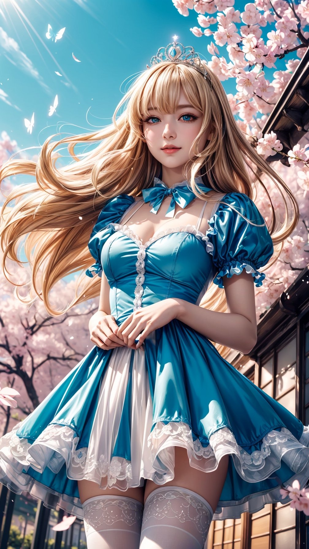 (best quality, masterpiece, illustration, designer, lighting), (extremely detailed CG 8k wallpaper unit), (detailed and expressive eyes), detailed particles, beautiful lighting, a cute girl, long blonde hair, wearing a teddy bear tiara, donning a beautiful blue and white dress with ruffles and lace, sheer pink stockings, transparent aquamarine crystal shoes, bows around her waist (Alice in Wonderland), butterflies around, (Pixiv anime style),(manga style), ((floating in sky)), flowy dress, ((cherry blossoms falling around her)), colorful, sky, stars, celestial body, atmosphere, (dreamy world:1.4),cinematic shot, low angle shot, High contrast, smooth,Detailedface,perfecteyes,light smile,