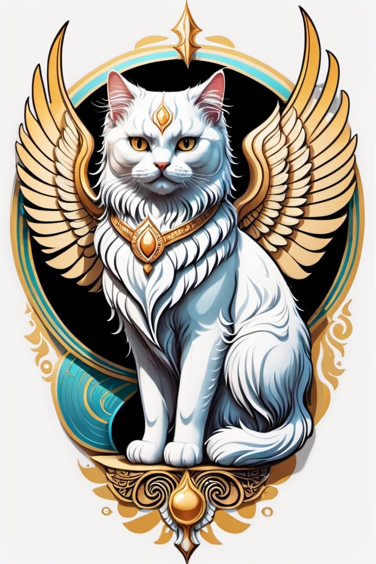 Realistic fantasy, Art and mathematics fusion, coloring vector graphic logo , high resolution,  masterpiece,solid white background,
Persian cat with angel wings, sticker design, perfect symmetrical,muted color scheme, subtle gradients, bold, art deco, vector, graphic,made with adobe illustrator