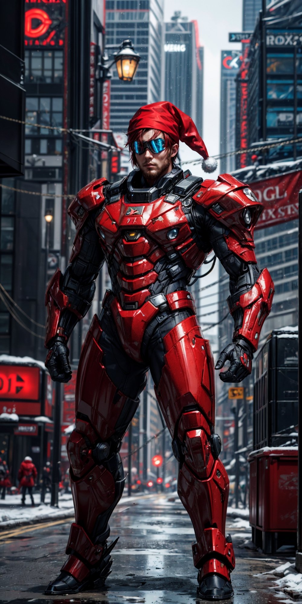 photographic cinematic super super high detailed super realistic image, 4k HDR high quality image, masterpiece,8k , photorealistic,1man,(Wear red Christmas costume,Wearing red Christmas hat),red_hair/red_eyes,beard,undercut,,cyberpunk style, wearing sci-fi goggles, wearing armor,His physique is extremely muscular and imposing, radiating an aura of power.  high detail, octane render, red armor with chrome plating, bright red andbblack back contrast light,dynamic pose, ,mecha musume