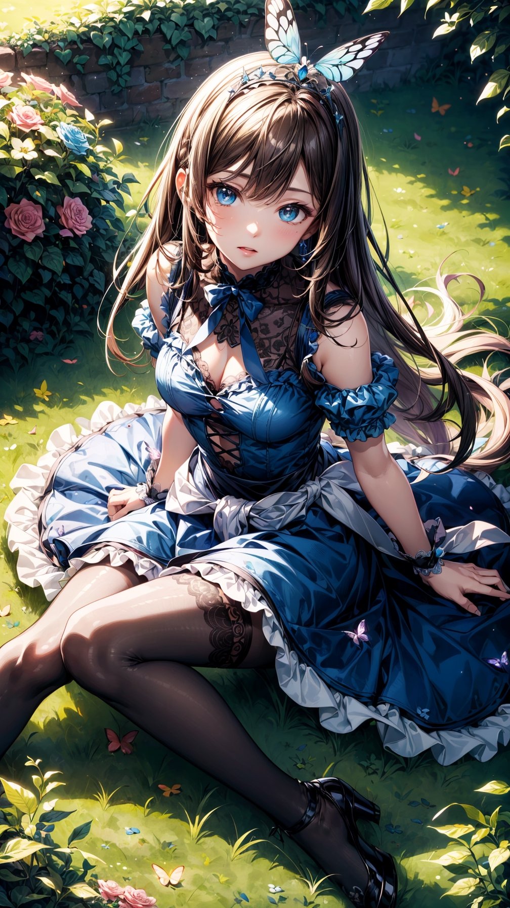 (best quality, masterpiece, illustration, designer, lighting), (extremely detailed CG 8k wallpaper unit), (detailed and expressive eyes), detailed particles, beautiful lighting, a cute girl, long blonde hair, wearing a teddy bear tiara, donning a beautiful blue and white dress with ruffles and lace, sheer pink stockings, transparent aquamarine crystal shoes, bows around her waist (Alice in Wonderland), butterflies around, (Pixiv anime style),(manga style),background, garden, colored flowers,butterflies, flowers, flowers covering her, (aerial view), grass, leaning on flowers, sitting,  looking to viewer, flower background,road of flowers,drow