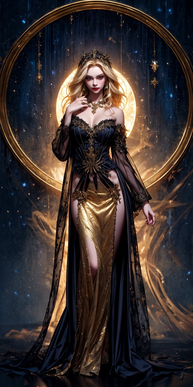 photographic cinematic super super high detailed super realistic image, 4k HDR high quality image, masterpiece 
The women form materializes with a sublime mix of grace and menace. blonde_hair/yellow_eyes,long_hair,Her lithe silhouette cascades with otherworldly allure, adorned in an black lace elaborate gown that shimmers like the night sky itself. Medieval Renaissance, Gothic dress, bell sleeves, laced with intricate lacework and golde mbroidered motifs depicting arcane symbols of forgotten knowledge.