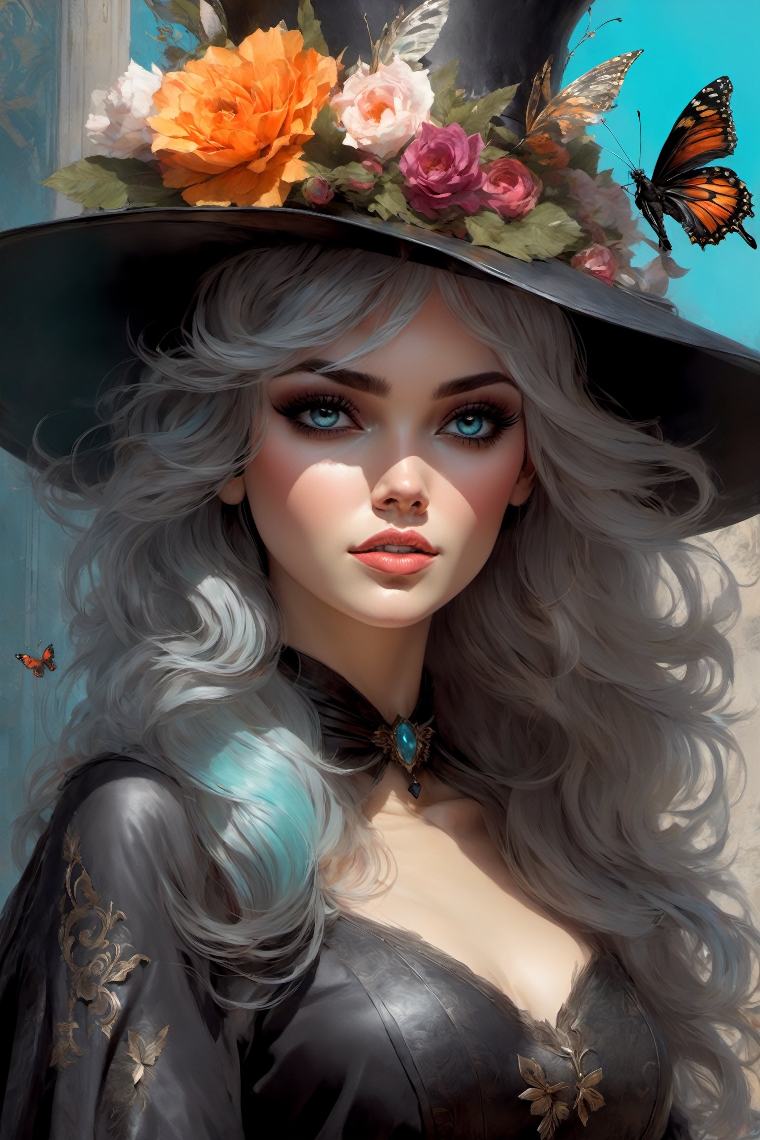 best quality,masterpiece,illustration,super detailed,photorealistic,unity,8k wallpaper,extremely detailed CG,official art,style by stanley artgermm, tom bagshaw, carne griffiths,
black witch,black witch hat,black witch dress,have a book,detailed face and eyes,silver_hair/cyan_eyes,cute girl,cleavage,High heeled boots,
full body shot,(show beautiful whole legs and side thigh),boots,flower, butterfly, card