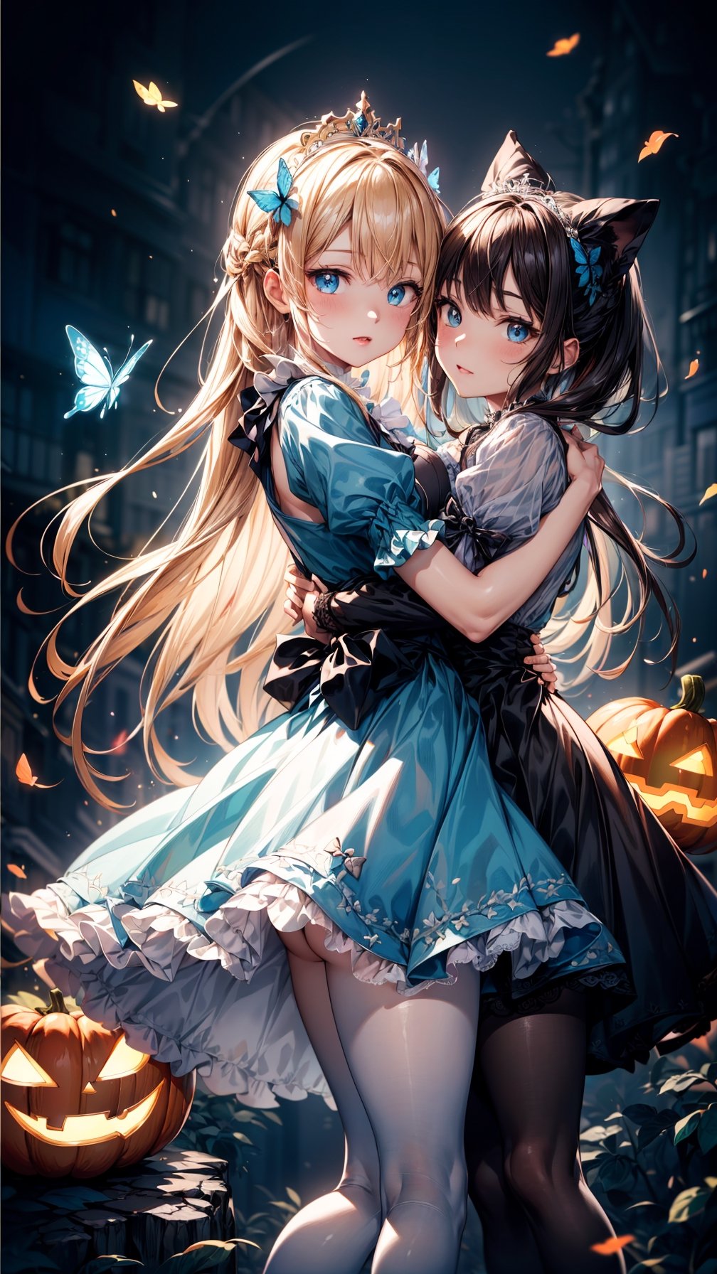 (best quality, masterpiece, illustration, designer, lighting), (extremely detailed CG 8k wallpaper unit), (detailed and expressive eyes), detailed particles, beautiful lighting, a cute girl, long blonde hair, wearing a teddy bear tiara, (Hug  glowing jack-o'-lantern),donning a beautiful blue and white dress with ruffles and lace, sheer pink stockings, transparent aquamarine crystal shoes, bows around her waist (Alice in Wonderland), butterflies around, (Pixiv anime style), (Wit studios),(manga style), 