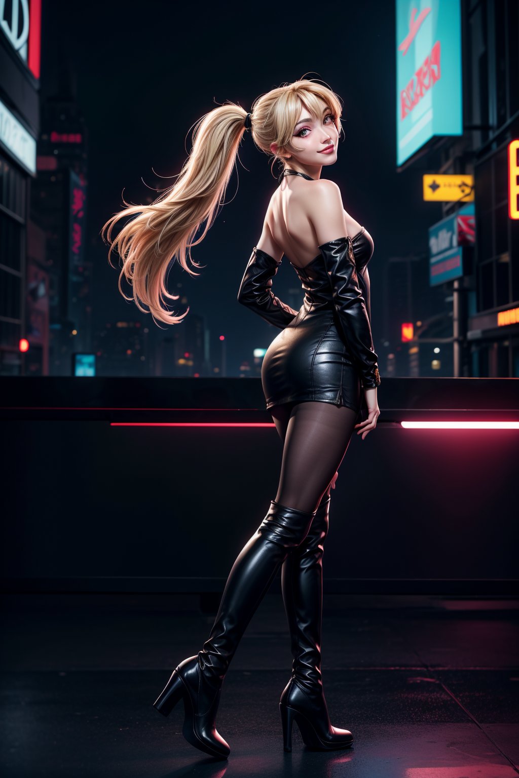 Bunny Girl,light smile,long_hair,ponytail,blonde_hair/yellow_eyes,standing,hands in hair,crossed legs,black pantyhose,knee boots,cyberpunk city,full body,incredibly_absurdres,cinematic angle,looking at viewer,(from side:1.2),( head tilt:1.65),(leaning_back:1.25),