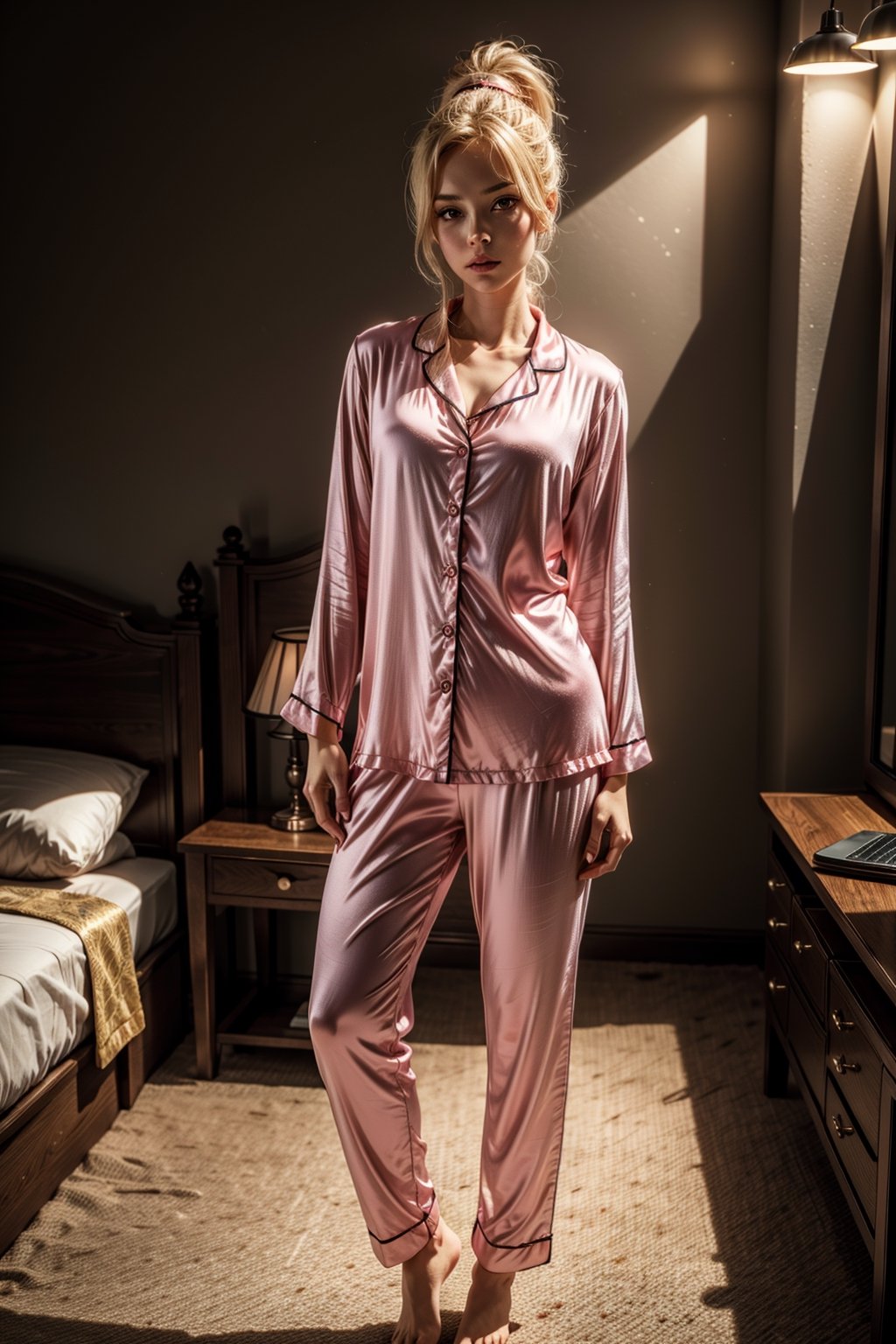 1 girl,blonde_hair/yellow_eyes,ponytail,long_hair, (pink silk pajamas),on night,in the darkness,(8k, RAW photo:1.2),detailed face and eyes,best quality,masterpiece ,ultra-detailed,sharp focus, high quality,(straight-on)dynamic pose,1 girl,blonde_hair/yellow_eyes,ponytail,long_hair,on the bed,(pink silk pajamas),on night,in the darkness,(8k, RAW photo:1.2),detailed face and eyes,best quality,masterpiece ,ultra-detailed,sharp focus, high quality,(straight-on)dynamic pose,standing,full body,bed