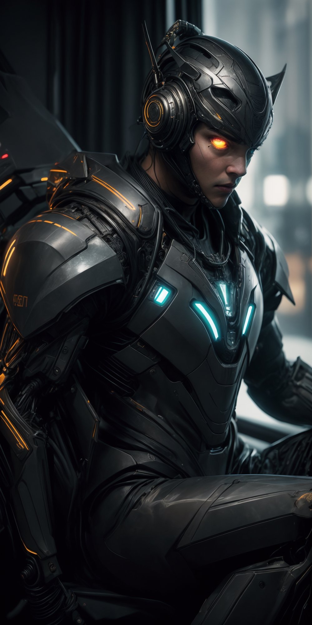 8K, Ultra-HD, Natural Lighting, Moody Lighting,
hyperrealistic and intricate detail portrait of pilot with futuristic full face covered helmet,sitting in futuristic cockpit,sci fi armor,looking at camera,cyberpunk, bioluminescent,cinematic,sharp focus,depth of field, cinematic lighting,full body,