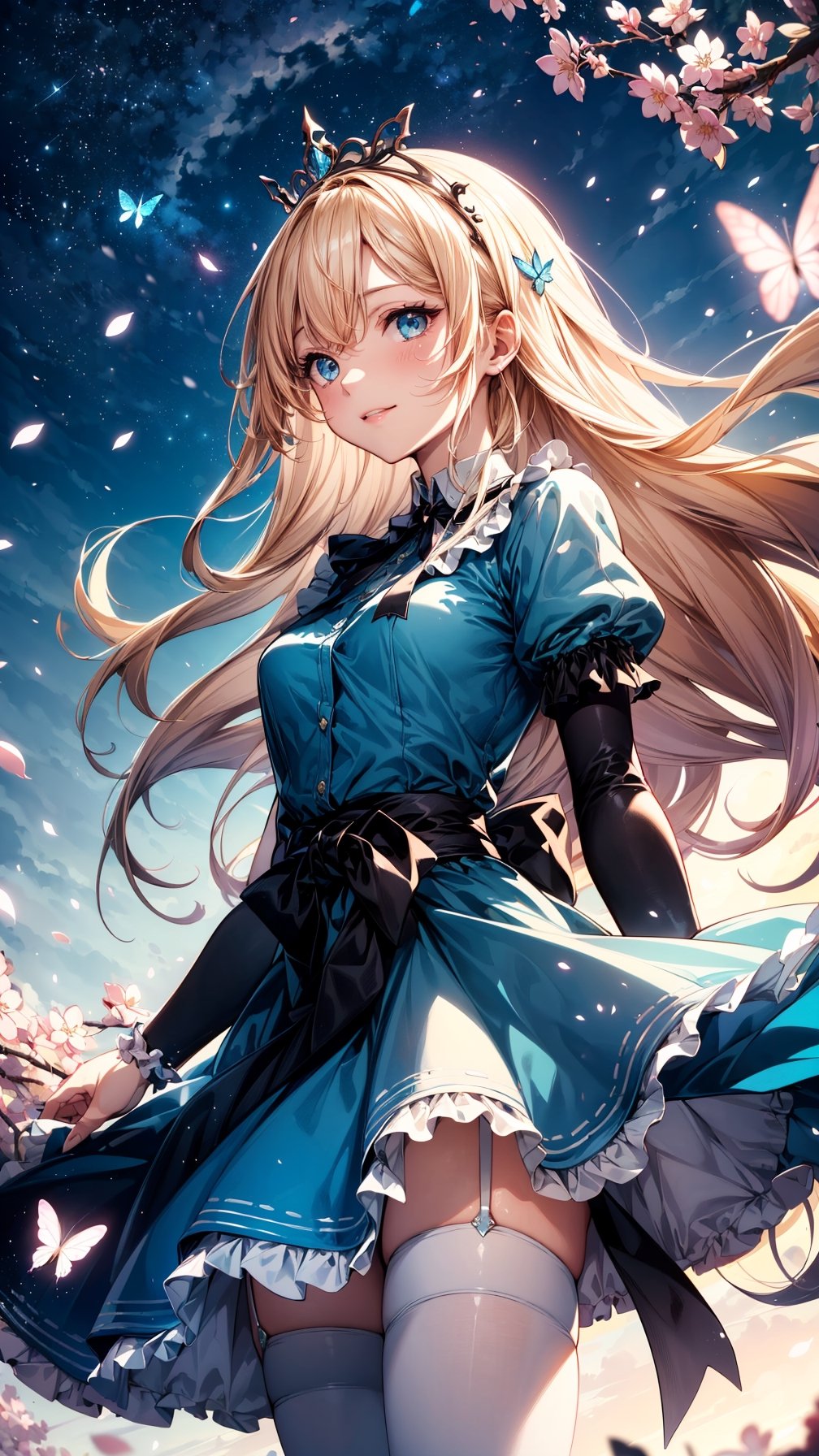 (best quality, masterpiece, illustration, designer, lighting), (extremely detailed CG 8k wallpaper unit), (detailed and expressive eyes), detailed particles, beautiful lighting, a cute girl, long blonde hair, wearing a teddy bear tiara, donning a beautiful blue and white dress with ruffles and lace, sheer pink stockings, transparent aquamarine crystal shoes, bows around her waist (Alice in Wonderland), butterflies around, (Pixiv anime style),(manga style), ((floating in sky)), flowy dress, ((cherry blossoms falling around her)), colorful, sky, stars, celestial body, atmosphere, (dreamy world:1.4),cinematic shot, low angle shot, High contrast, smooth,Detailedface,perfecteyes,light smile,