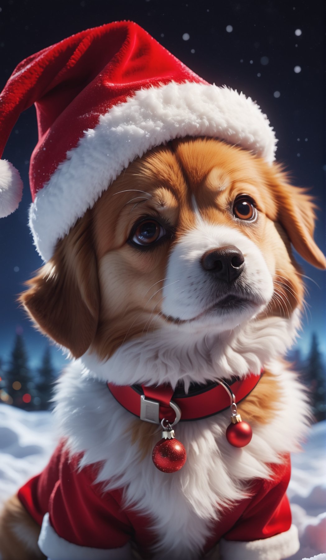 8K, Ultra-HD, Natural Lighting, Moody Lighting, Cinematic Lighting,detailed,CG,unity,extremely detailed CG,
solo,cute dog,A fluffy dog,(Wear red Christmas costume,Wearing red Christmas hat),starry sky ,snow,