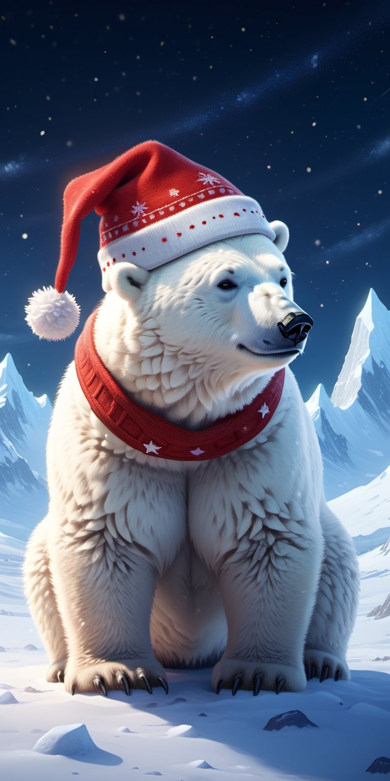 8K, Ultra-HD, Natural Lighting, Moody Lighting, Cinematic Lighting,detailed,CG,unity,extremely detailed CG,
solo,cute polar bear,(Wearing red Christmas hat),Gift,starry sky ,snow,magic, glaciers, a starry night at the North Pole(distant view, full body)
