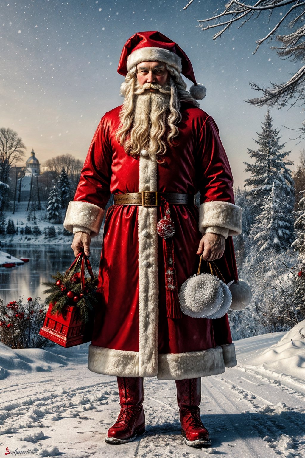 art by Leonardo da Vinci,Santa Claus,Wear red Christmas costume,Patterns, Icy, winter,snow
, etheral lighting, high contrast featuring muted colors, ultra detailed,  ,Masterpiece,full_body