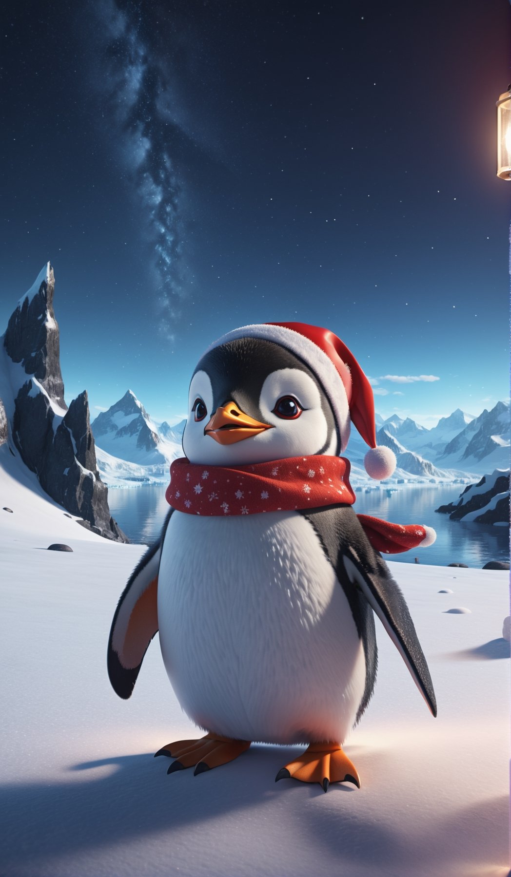 8K, Ultra-HD, Natural Lighting, Moody Lighting, Cinematic Lighting,detailed,CG,unity,extremely detailed CG,
solo,cute penguins,(Wearing red Christmas hat),starry sky ,snow,magic, glaciers,(distant view, full body)