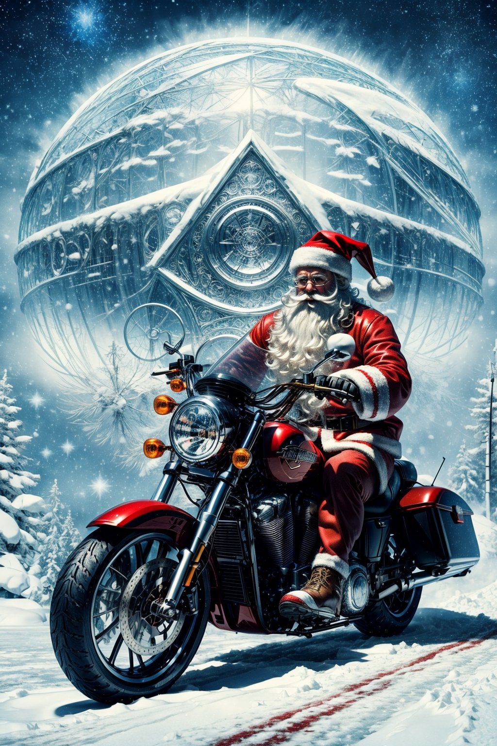 a visual stunning photo of a Santa Claus riding a Harley motorcycle  , centered, key visual, intricate, highly detailed, breathtaking beauty, precise lineart, vibrant, comprehensive cinematic, best best quality, ultra sharp focus, volumetric atmosphere,  a starry night at the North Pole,snow,white snowflakes