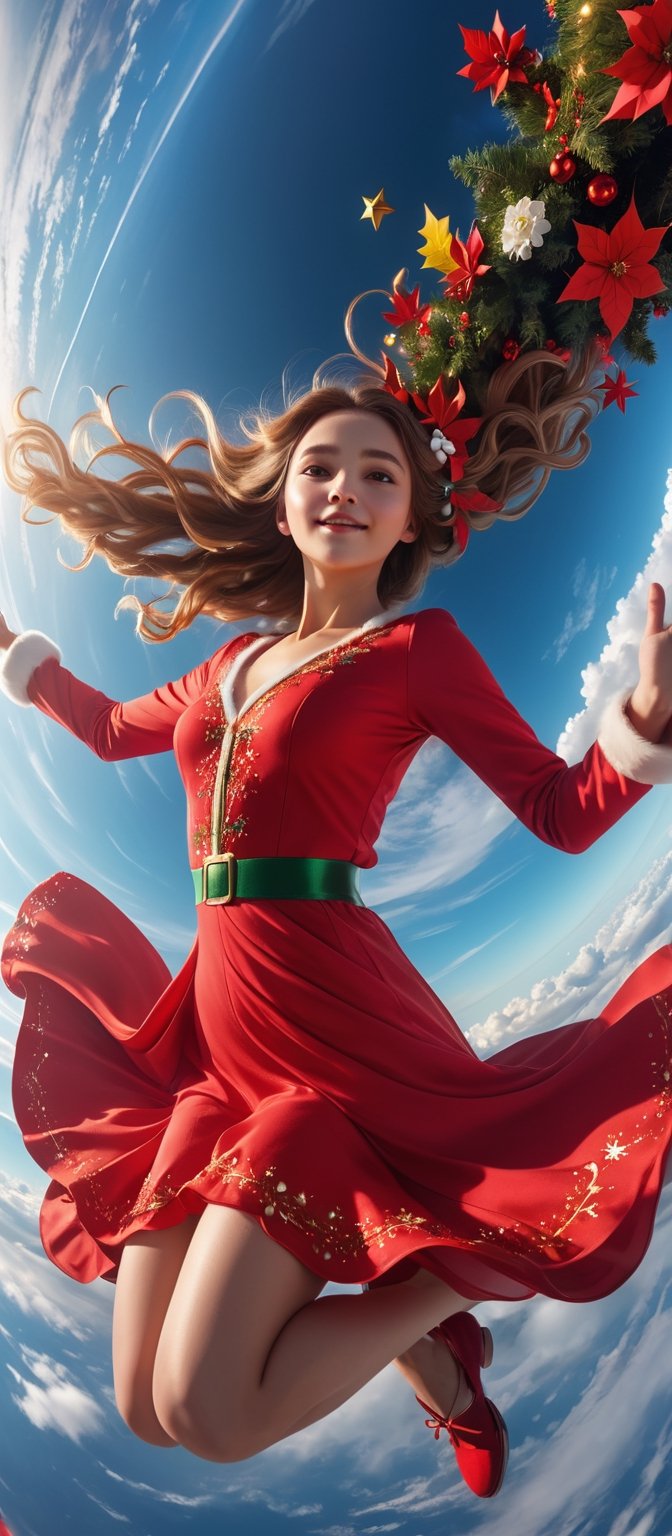 Aerial view, wide-angle photo, Cinematic results, create a artistic artwork portraying of a beautiful woman floating on the planet earth, (Wear red Christmas costume,Wearing red Christmas hat),she has long flowy hair with colorful flowers cascading out of it,  colorful rendition,  ultradetailed face, 8k UHD, professional results ,arcane,ColorART,  sharp focus on face,  wide-angle sky view with wispy clouds ,EpicSky,  golden hour, close-up ,A girl dancing ,