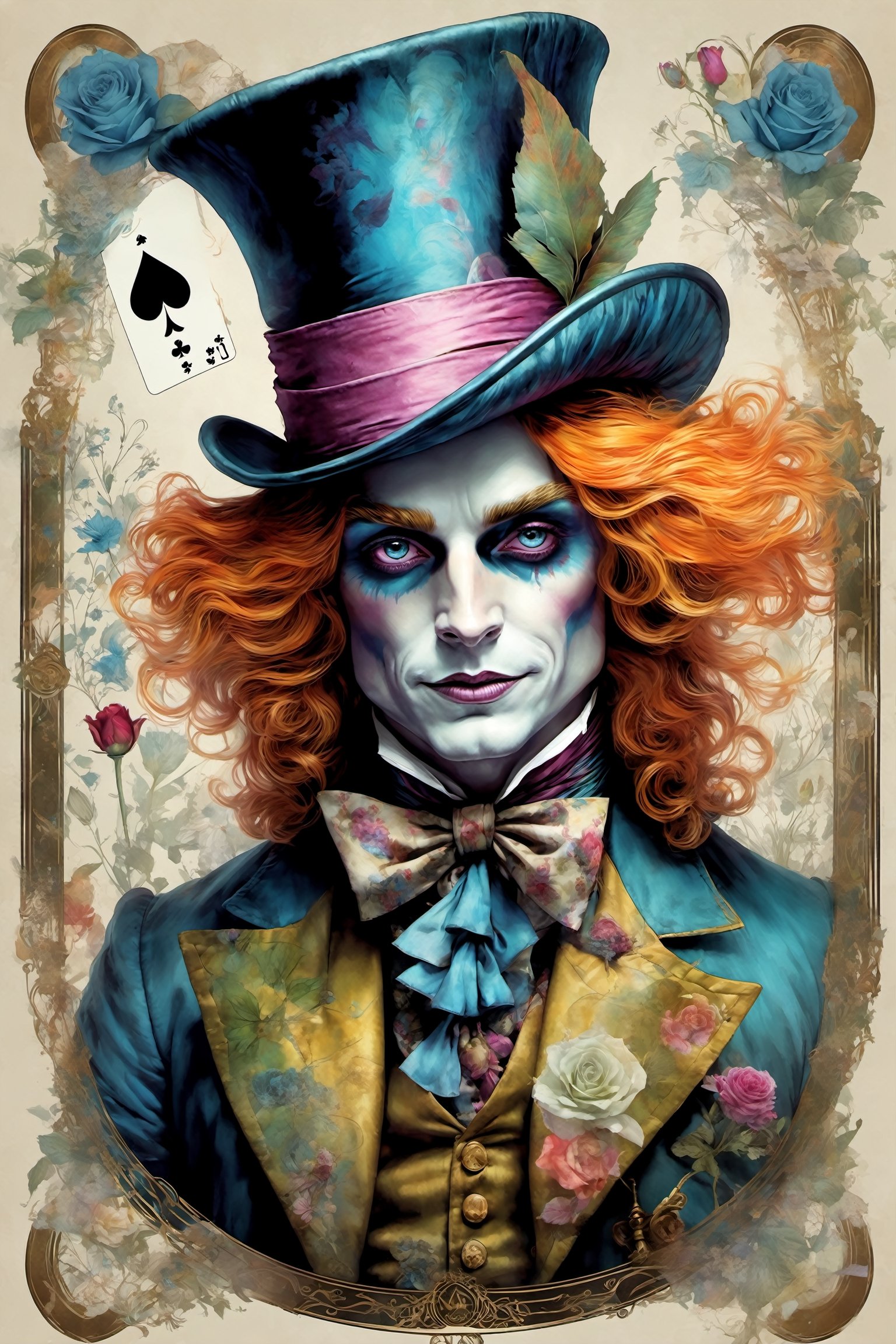 alice in wonderland, mad hatter the magician in a tarot card, highly detailed, half skull face, cinematic, 8 k, style by stanley artgermm, tom bagshaw, carne griffiths, hyper detailed, full of colour,playing cards, flowersupper body,