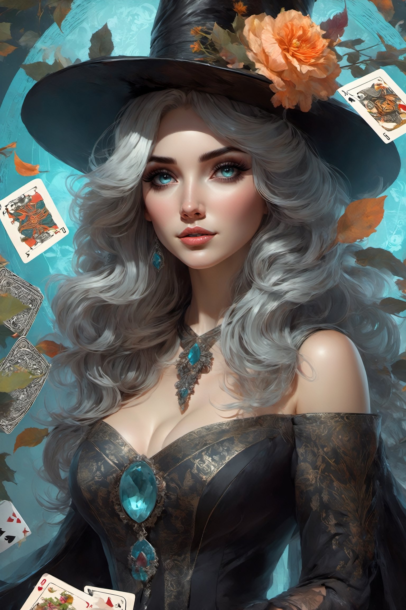 best quality,masterpiece,illustration,super detailed,photorealistic,unity,8k wallpaper,extremely detailed CG,official art,style by stanley artgermm, tom bagshaw, carne griffiths,
black witch,black witch hat,black witch dress,detailed face and eyes,silver_hair/cyan_eyes,cute girl,cleavage,playing cards, flowers