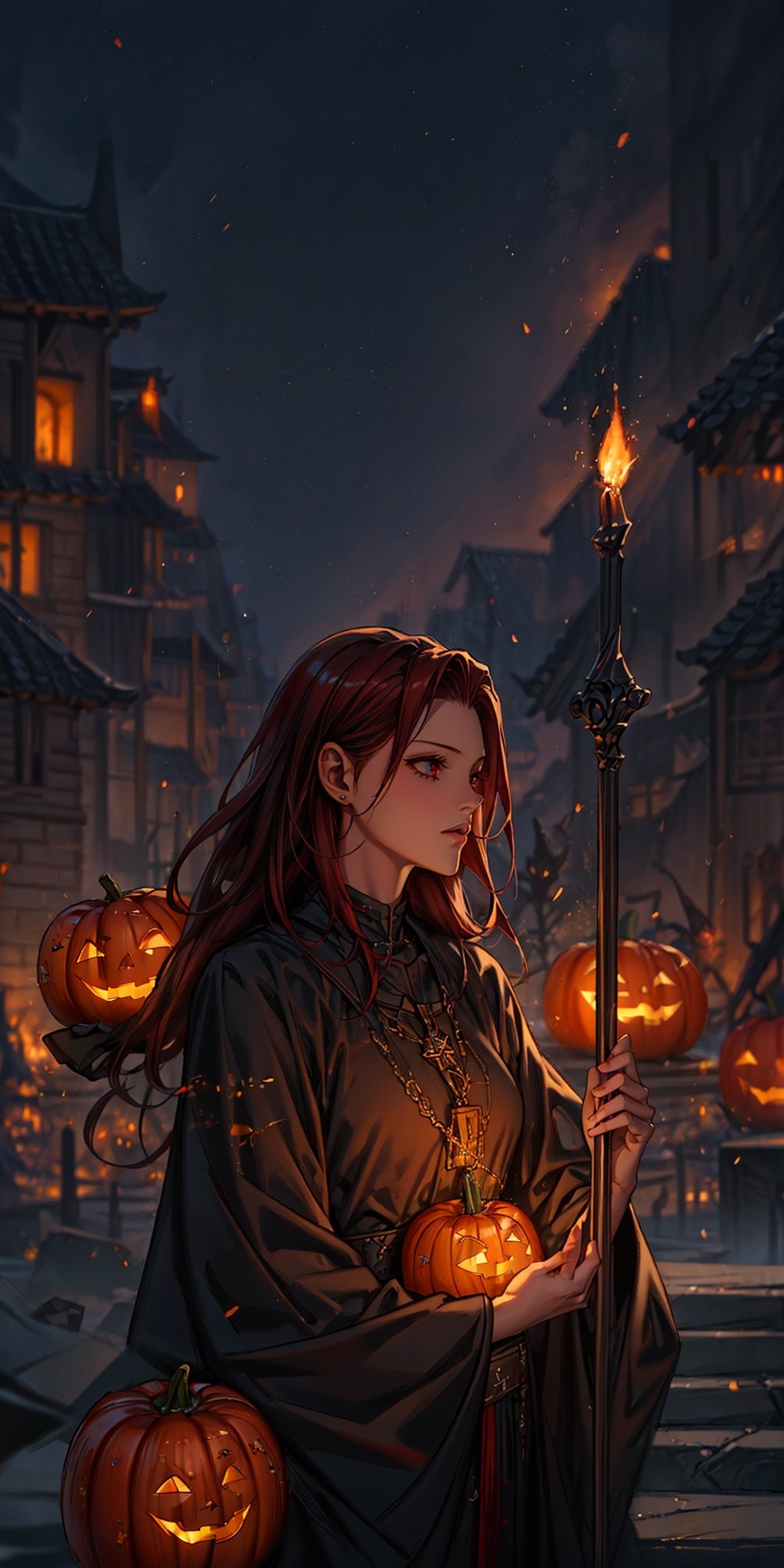 8K, Ultra-HD, Natural Lighting, Moody Lighting, Cinematic Lighting,
detailed,CG,unity,extremely detailed CG,movie style, 
a woman holding a glowing ,Jack O'Lanterns in her hands,  fantasy art, long flowing red hair, a pentagram shield,  lightning mage spell icon, benevolent android necromancer, high priestess tarot card, anime goddess, upper body,straight-on,