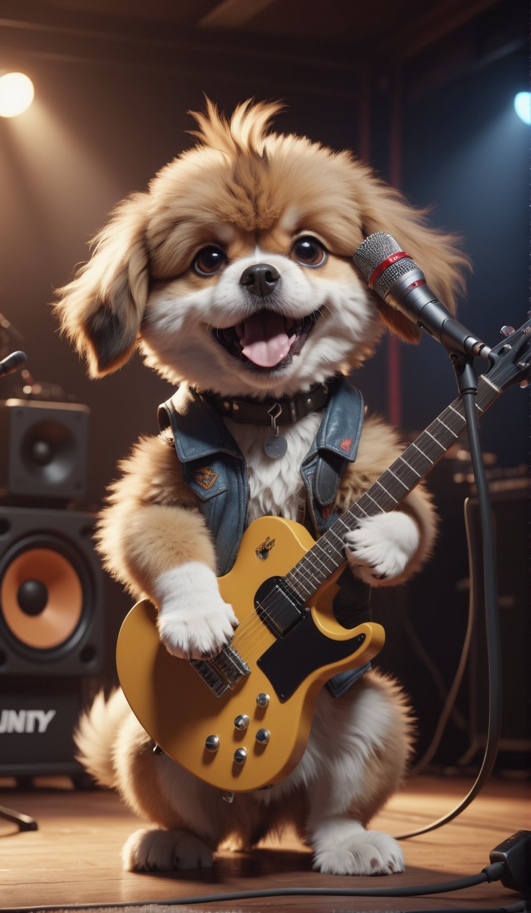 8K, Ultra-HD, Natural Lighting, Moody Lighting, Cinematic Lighting,detailed,CG,unity,extremely detailed CG,
solo,cute dog,A fluffy hardrock dog guitarist, brutally and violently screaming into his microphone, 