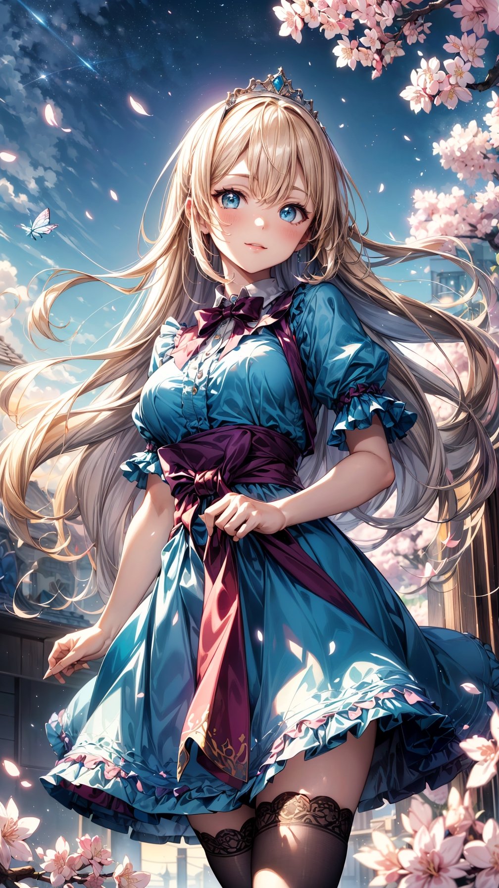 (best quality, masterpiece, illustration, designer, lighting), (extremely detailed CG 8k wallpaper unit), (detailed and expressive eyes), detailed particles, beautiful lighting, a cute girl, long blonde hair, wearing a teddy bear tiara, donning a beautiful blue and white dress with ruffles and lace, sheer pink stockings, transparent aquamarine crystal shoes, bows around her waist (Alice in Wonderland), butterflies around, (Pixiv anime style),(manga style), ((floating in sky)), flowy dress, ((cherry blossoms falling around her)), colorful, sky, stars, celestial body, atmosphere, (dreamy world:1.4),cinematic shot, low angle shot, High contrast, smooth,Detailedface,perfecteyes,light smile,