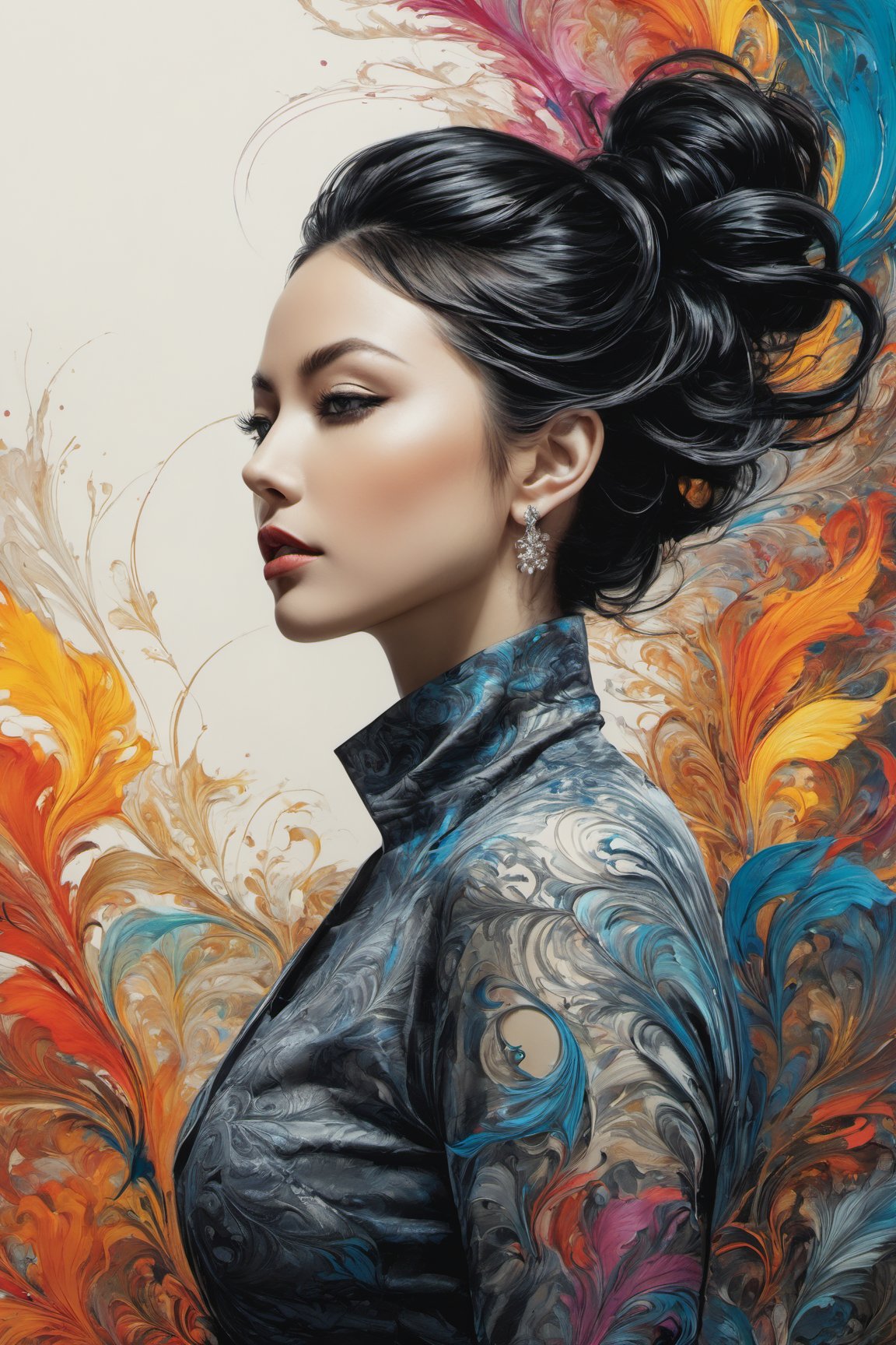 Colorful beautiful woman: Black ink flow: 8k resolution photorealistic masterpiece: by Aaron Horkey and Jeremy Mann: intricately detailed fluid gouache painting: by Jean Baptiste Mongue: calligraphy: acrylic: watercolor art, professional photography, natural lighting, volumetric lighting maximalist photoillustration: by marton bobzert: 8k resolution concept art intricately detailed, complex, elegant, expansive, fantastical