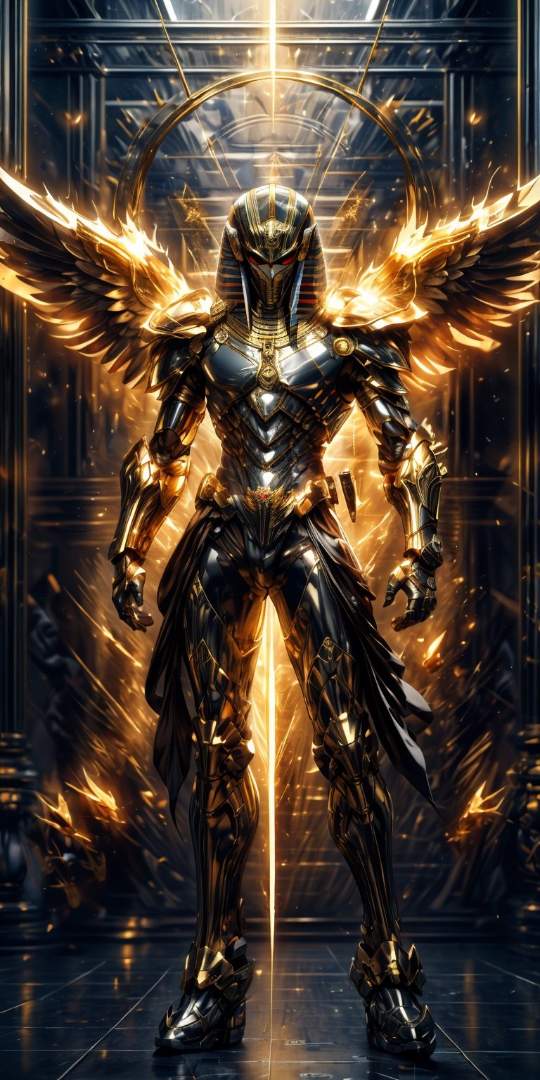 "Visualize the majestic Egyptian god Horus, Appearance: eagle head and manbody,his body radiating power. He stands tall with golden wings unfurled, exuding an aura of divine authority and protection."
Create a powerful Hi-Tech armour suit, grey yellow Hi-Tech armour, glowing white armour, shining polish armour, Hi-Tech tool and weapons
Egyptian style, Egyptian background, dynamic pose,chrometech 