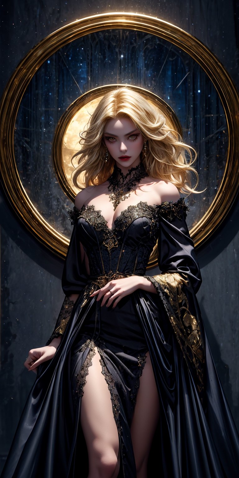 photographic cinematic super super high detailed super realistic image, 4k HDR high quality image, masterpiece 
The women form materializes with a sublime mix of grace and menace. blonde_hair/yellow_eyes,long_hair,Her lithe silhouette cascades with otherworldly allure, adorned in an black lace elaborate gown that shimmers like the night sky itself. Medieval Renaissance, Gothic dress, bell sleeves, laced with intricate lacework and golde mbroidered motifs depicting arcane symbols of forgotten knowledge.