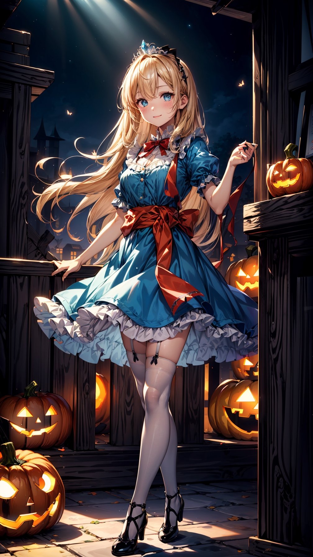 (best quality, masterpiece, illustration, designer, lighting), (extremely detailed CG 8k wallpaper unit), (detailed and expressive eyes), detailed particles, beautiful lighting, a cute girl, long blonde hair, wearing a teddy bear tiara, ((Portable  glowing jack-o'-lantern)),light smile,donning a beautiful blue and white dress with ruffles and lace, sheer pink stockings, transparent aquamarine crystal shoes, bows around her waist (Alice in Wonderland), butterflies around, (Pixiv anime style), (Wit studios),(manga style), 