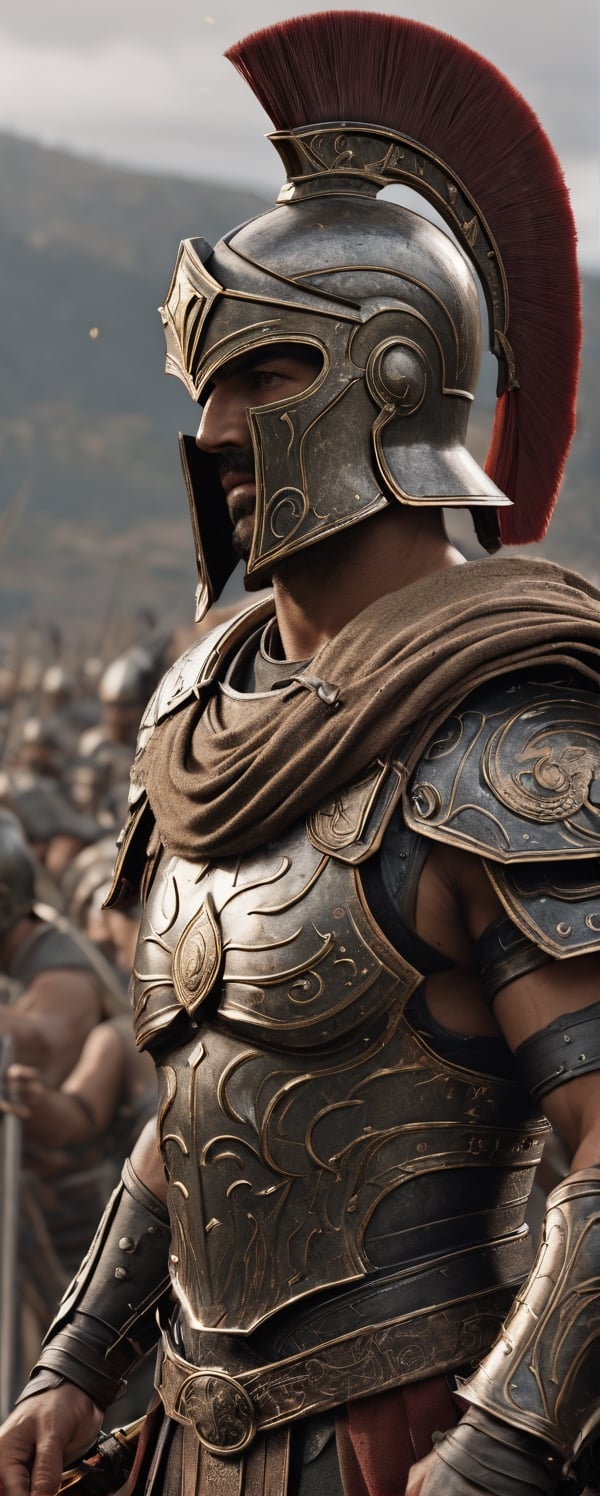 Male spartan warrior in a battle ground, facing camera, finely detailed helm, armor, spear and shield, intricate design and details, ultra detailed, highest detail quality, ultra realistic, photography lighting, overcast reflection mapping, photorealistic, cinemeatic, movie quality rendering, octane rendering, focused, 8k, depth of field, real shadow, vfx post production,full_body