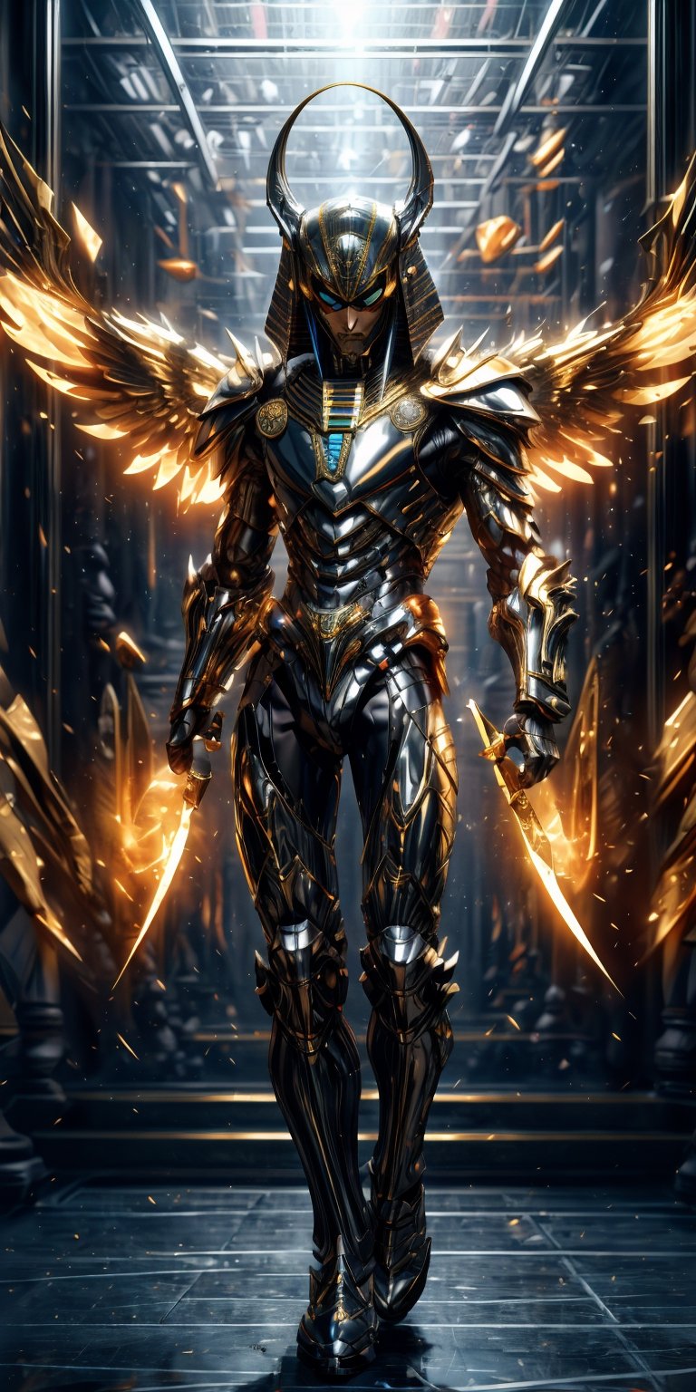 "Visualize the majestic Egyptian god Horus, Appearance: eagle head and manbody,his body radiating power. He stands tall with golden wings unfurled, exuding an aura of divine authority and protection."
Create a powerful Hi-Tech armour suit, grey yellow Hi-Tech armour, glowing white armour, shining polish armour, Hi-Tech tool and weapons
Egyptian style, Egyptian background, dynamic pose,chrometech 