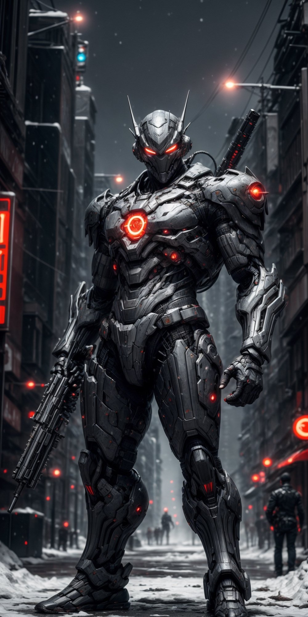 close up, solo [robot | terminator | cyborg | futuristic soldier], holding a futuristic rifle, proud pose, epic scene, cyberpunk, cinematic, mist, maximum details, dark shot, epic composition, 8k, high quality, digital painting, dramatic, gloomy, emotionally profound, intense and brooding tones, high quality, high resolution, unforgettable, absurdres, full body,snow,dynamic pose,fighting_stance,highres,mecha \(mjstyle\),Mecha warrior