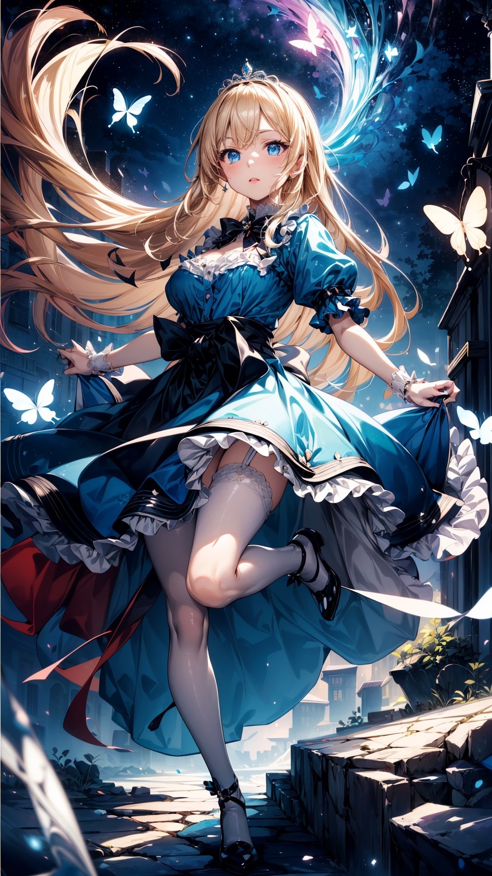 (best quality, masterpiece, illustration, designer, lighting), (extremely detailed CG 8k wallpaper unit), (detailed and expressive eyes), detailed particles, beautiful lighting, a cute girl, long blonde hair, wearing a teddy bear tiara, donning a beautiful blue and white dress with ruffles and lace, sheer pink stockings, transparent aquamarine crystal shoes, bows around her waist (Alice in Wonderland), butterflies around, (Pixiv anime style),(manga style), ((floating in sky)), flowy dress, floating, bubble, dark blue background,Hair with scenery, starry sky,dynamic pose,