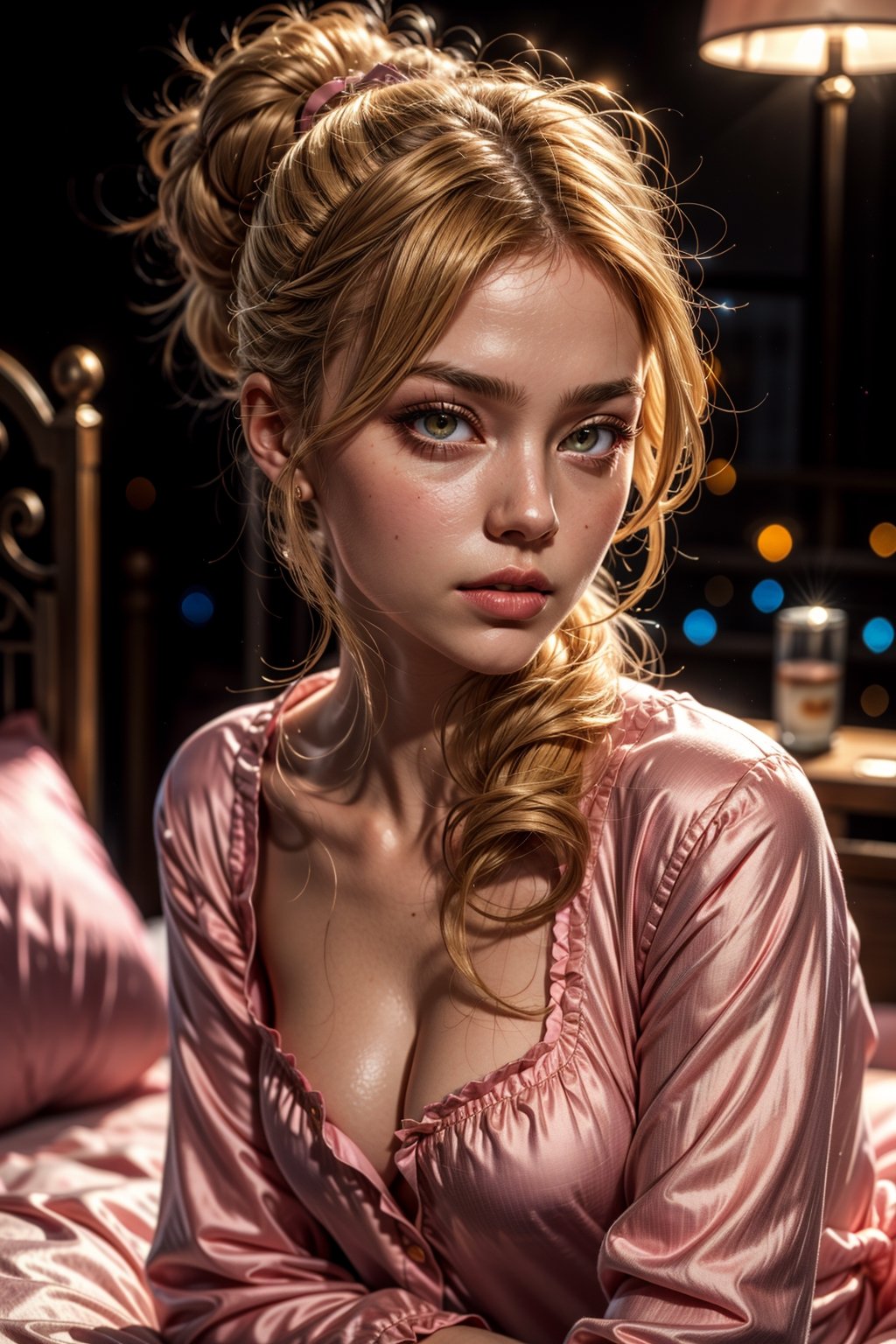 1 girl,blonde_hair/yellow_eyes,ponytail,long_hair, bed,(pink silk pajamas),on night,in the darkness,(8k, RAW photo:1.2),detailed face and eyes,best quality,masterpiece ,ultra-detailed,sharp focus, high quality,(straight-on)dynamic pose,