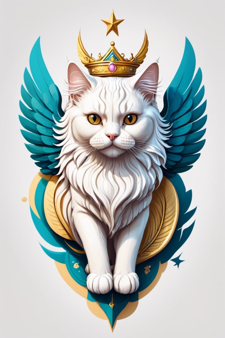 Realistic fantasy, Art and mathematics fusion, coloring vector graphic logo , high resolution,  masterpiece,solid white background,
Persian cat with angel wings, sticker design, perfect symmetrical,muted color scheme, subtle gradients, bold, art deco, vector, graphic,made with adobe illustrator