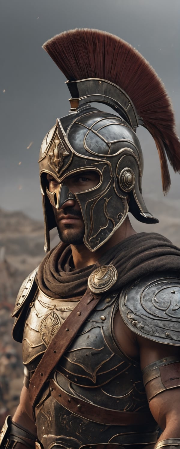 Male spartan warrior in a battle ground, facing camera, finely detailed helm, armor, spear and shield, intricate design and details, ultra detailed, highest detail quality, ultra realistic, photography lighting, overcast reflection mapping, photorealistic, cinemeatic, movie quality rendering, octane rendering, focused, 8k, depth of field, real shadow, vfx post production,