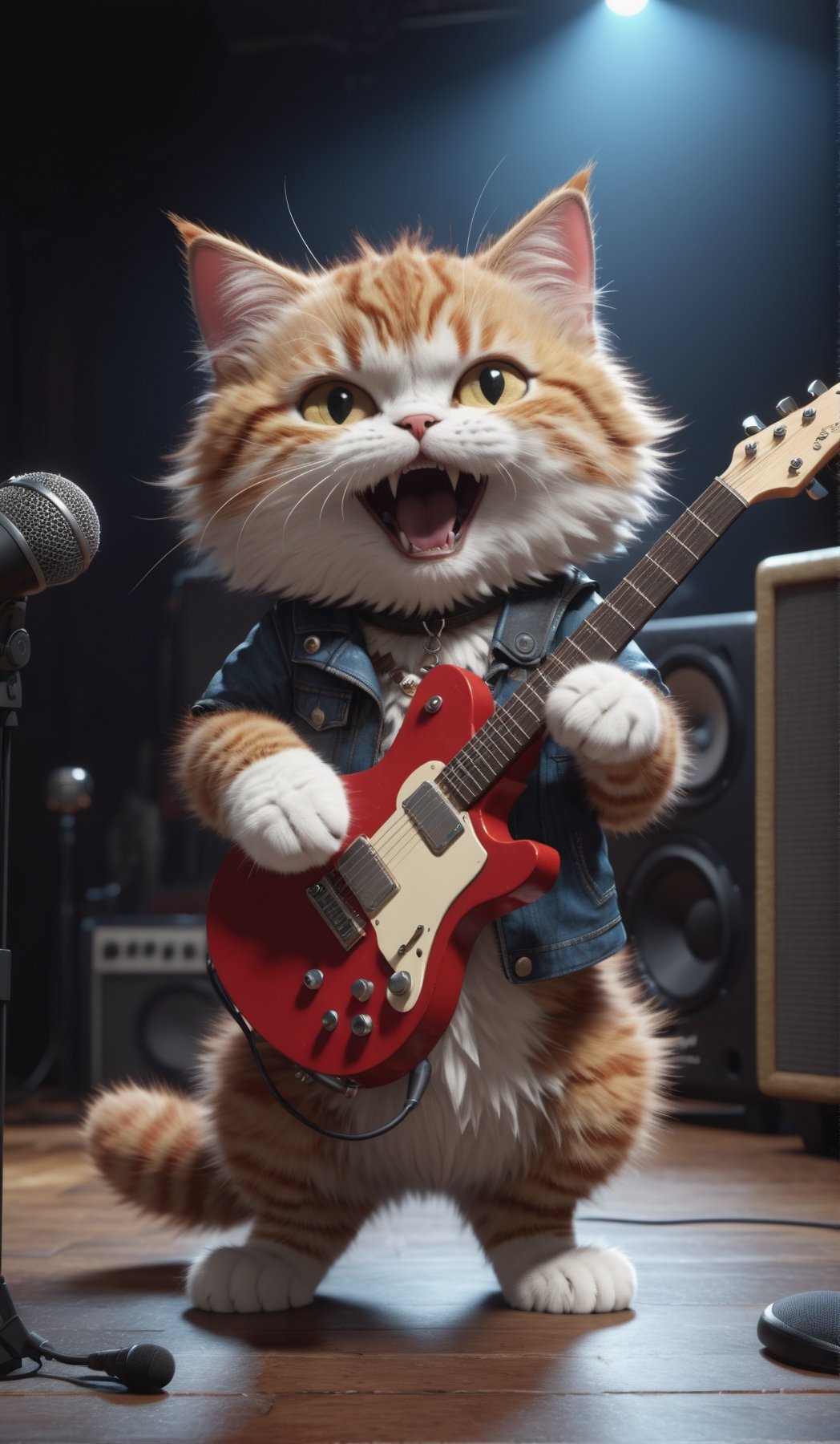 8K, Ultra-HD, Natural Lighting, Moody Lighting, Cinematic Lighting,detailed,CG,unity,extremely detailed CG,
solo,cute cat,A fluffy hardrock cat guitarist, brutally and violently screaming into his microphone, 