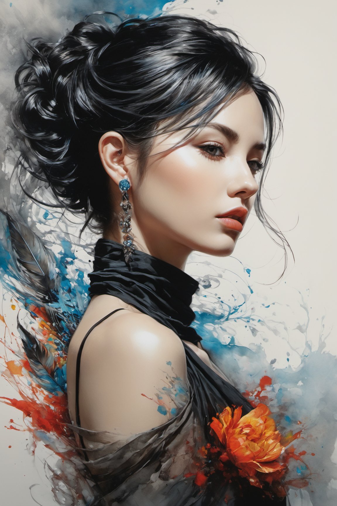 Colorful beautiful woman: Black ink flow: 8k resolution photorealistic masterpiece: by Aaron Horkey and Jeremy Mann: intricately detailed fluid gouache painting: by Jean Baptiste Mongue: calligraphy: acrylic: watercolor art, professional photography, natural lighting, volumetric lighting maximalist photoillustration: by marton bobzert: 8k resolution concept art intricately detailed, complex, elegant, expansive, fantastical