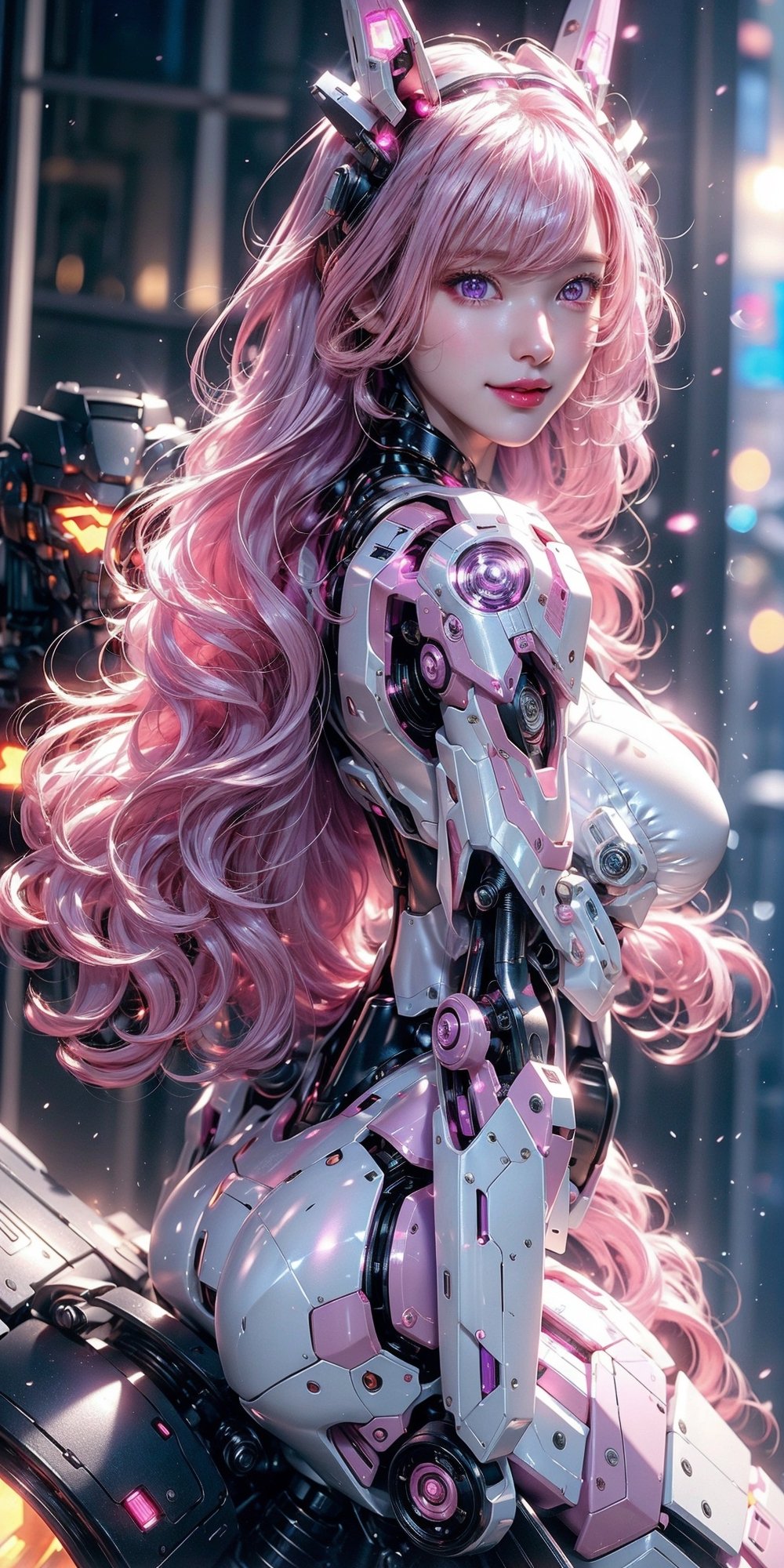 masterpiece, best quality, great, highly detailed CG unity 8k wallpaper, depth of field, super fine illustration, illustration, CG, 3D, extremely detailed, a mech girl, sci-fi battlefield,hawken, smile, open mouth, long hair, (light-pink hair, purple eyes:1.2), solo,A silver female robot,largebreast,a metallic shining body, sparkling eyes, cute face, kawaii, delicate hair, floating hair, shiny hair, shiny skin, headgear,
 (light pink lips: 0.8)dynamic pose,straight-on,full body,mecha,jack-o'-lantern robot