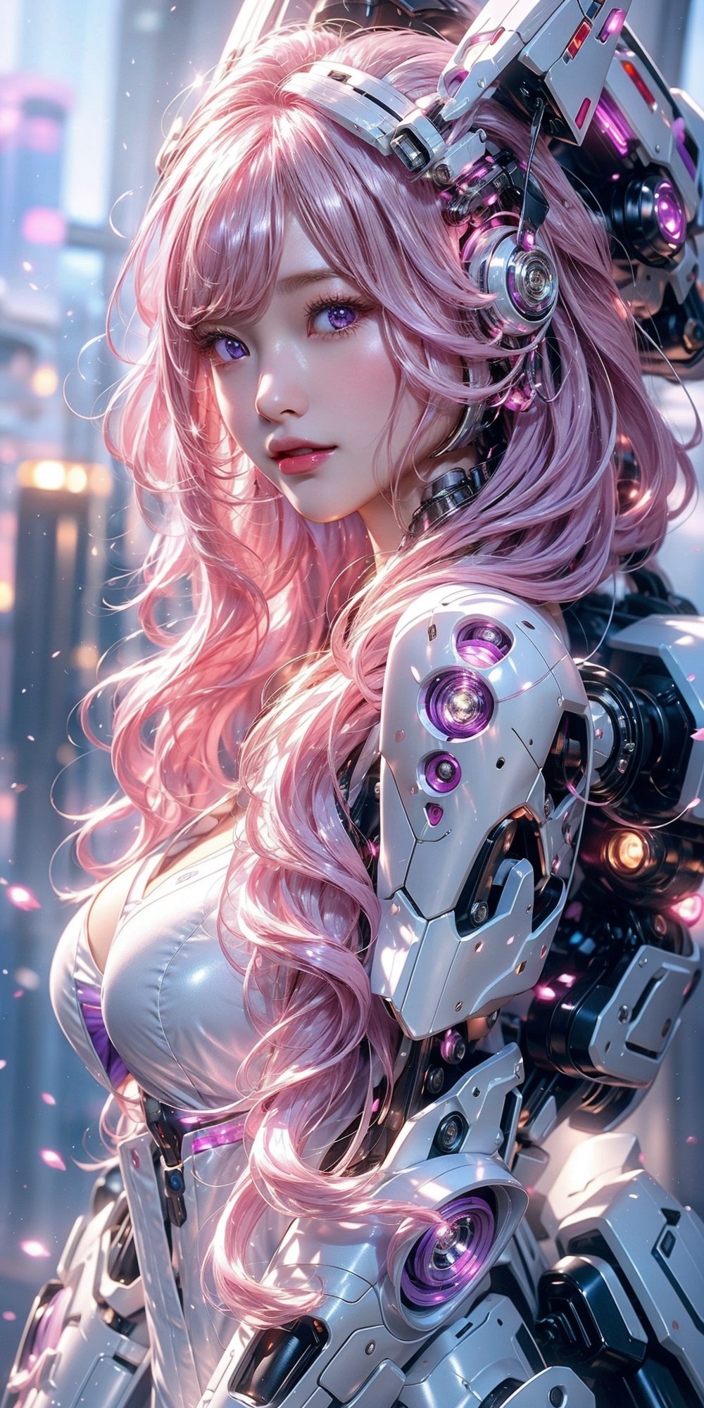 masterpiece, best quality, great, highly detailed CG unity 8k wallpaper, depth of field, super fine illustration, illustration, CG, 3D, extremely detailed, a mech girl, sci-fi battlefield,hawken, smile, open mouth, long hair, (light-pink hair, purple eyes:1.2), solo,A silver female robot,largebreast,a metallic shining body, sparkling eyes, cute face, kawaii, delicate hair, floating hair, shiny hair, shiny skin, headgear,
 (light pink lips: 0.8)dynamic pose,straight-on,full body,mecha,