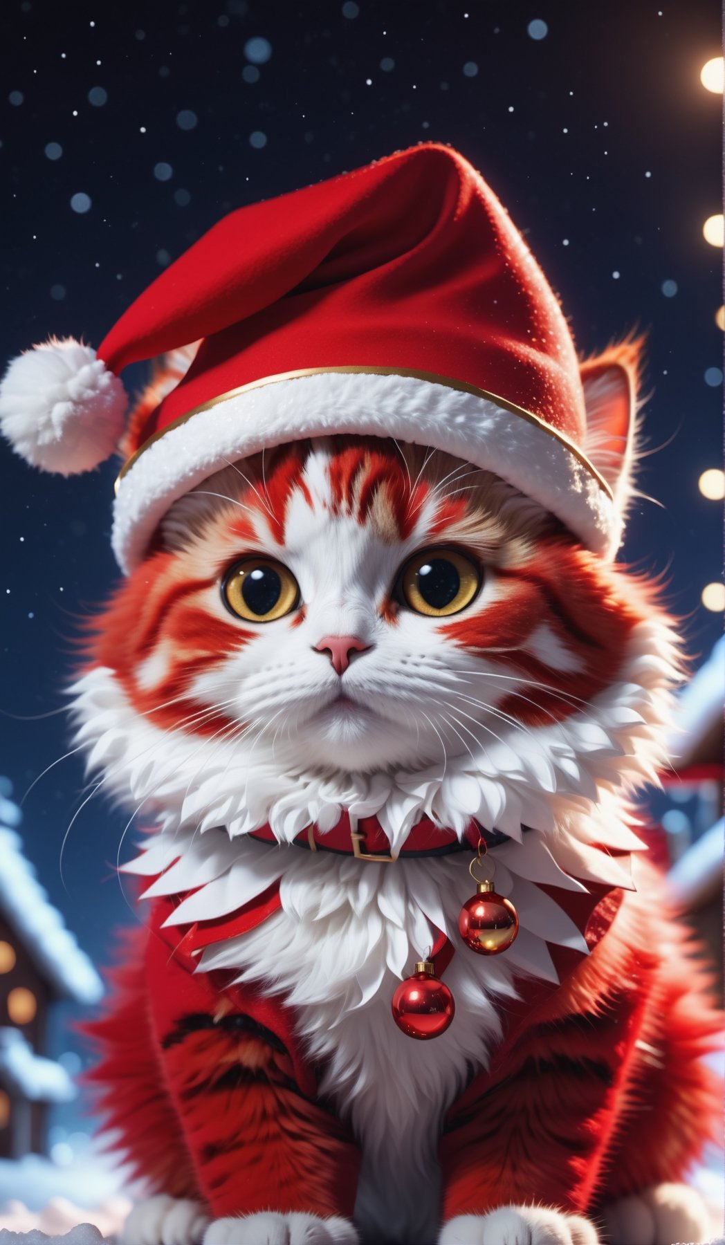 8K, Ultra-HD, Natural Lighting, Moody Lighting, Cinematic Lighting,detailed,CG,unity,extremely detailed CG,
solo,cute cat,A fluffy cat,(Wear red Christmas costume,Wearing red Christmas hat),starry sky ,snow,