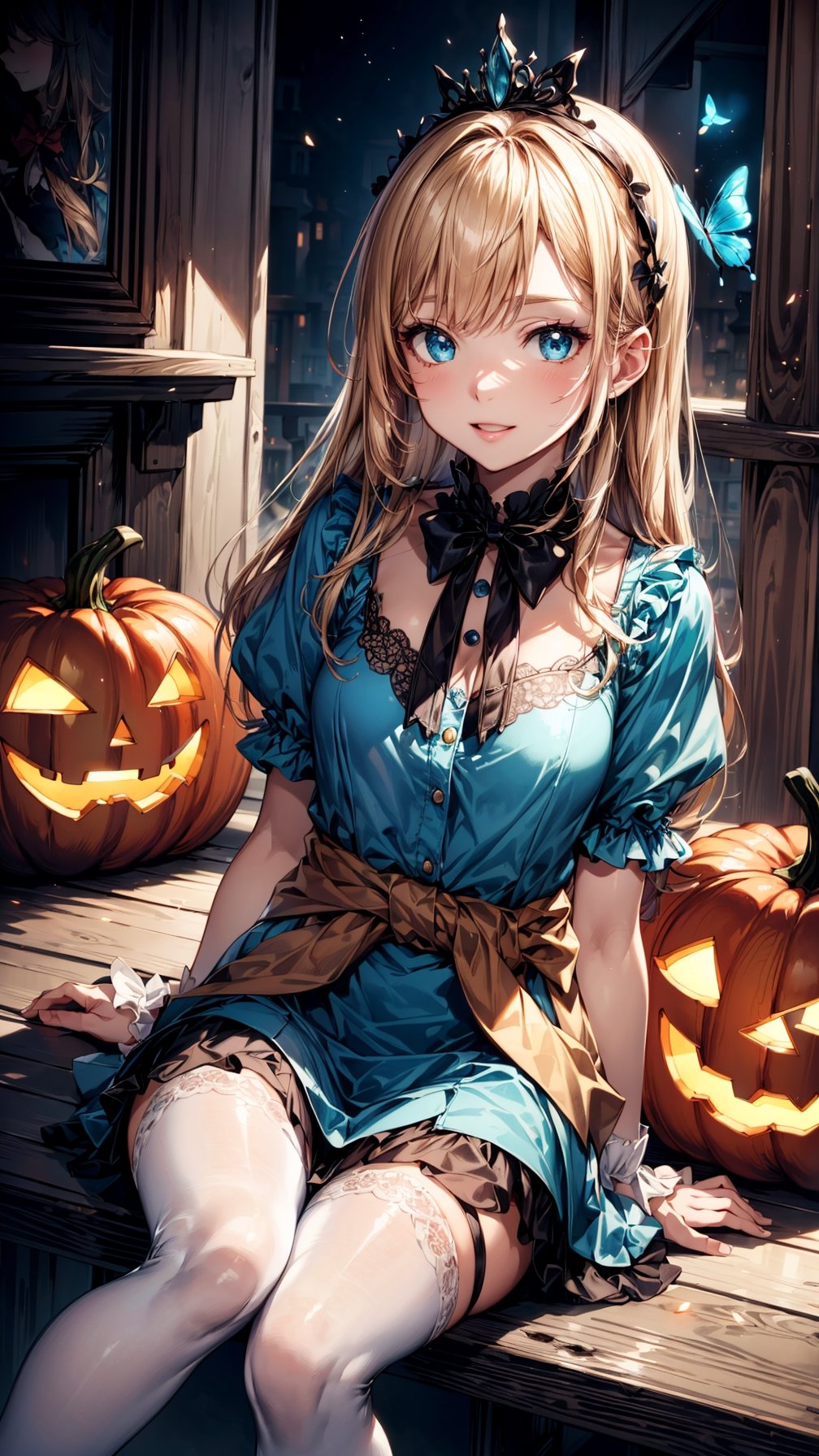 (best quality, masterpiece, illustration, designer, lighting), (extremely detailed CG 8k wallpaper unit), (detailed and expressive eyes), detailed particles, beautiful lighting, a cute girl, long blonde hair, wearing a teddy bear tiara, ((Portable  glowing jack-o'-lantern)),sitting,light smile,donning a beautiful blue and white dress with ruffles and lace, sheer pink stockings, transparent aquamarine crystal shoes, bows around her waist (Alice in Wonderland), butterflies around, (Pixiv anime style), (Wit studios),(manga style), 