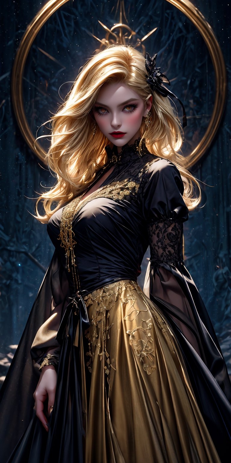 photographic cinematic super super high detailed super realistic image, 4k HDR high quality image, masterpiece 
The women form materializes with a sublime mix of grace and menace. blonde_hair/yellow_eyes,long_hair,Her lithe silhouette cascades with otherworldly allure, adorned in an black lace elaborate gown that shimmers like the night sky itself. Medieval Renaissance, Gothic dress, bell sleeves, laced with intricate lacework and golde mbroidered motifs depicting arcane symbols of forgotten knowledge.