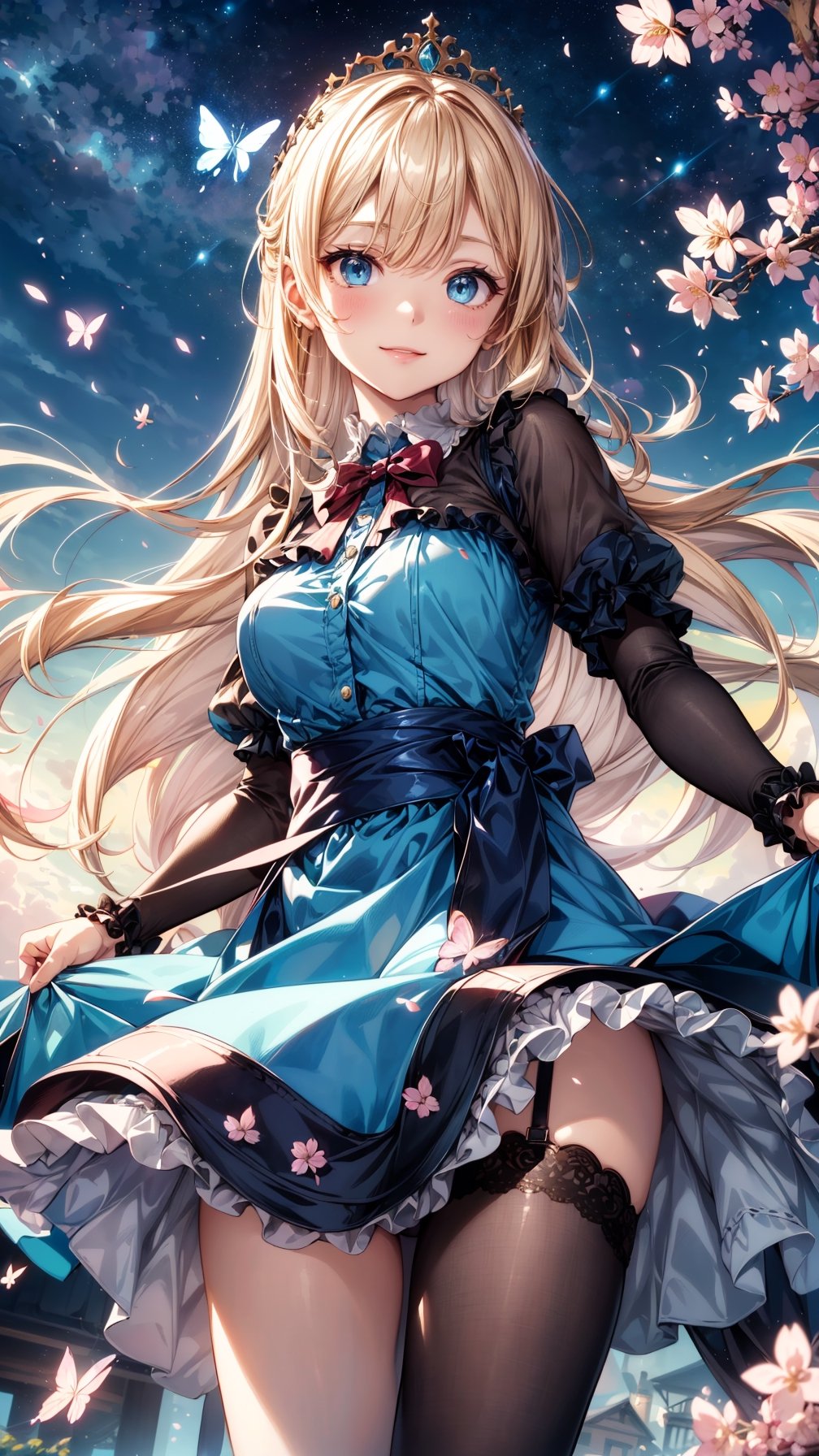 (best quality, masterpiece, illustration, designer, lighting), (extremely detailed CG 8k wallpaper unit), (detailed and expressive eyes), detailed particles, beautiful lighting, a cute girl, long blonde hair, wearing a teddy bear tiara, donning a beautiful blue and white dress with ruffles and lace, sheer pink stockings, transparent aquamarine crystal shoes, bows around her waist (Alice in Wonderland), butterflies around, (Pixiv anime style),(manga style), ((floating in sky)), flowy dress, ((cherry blossoms falling around her)), colorful, sky, stars, celestial body, atmosphere, (dreamy world:1.4),cinematic shot, low angle shot, High contrast, smooth,Detailedface,perfecteyes,light smile,