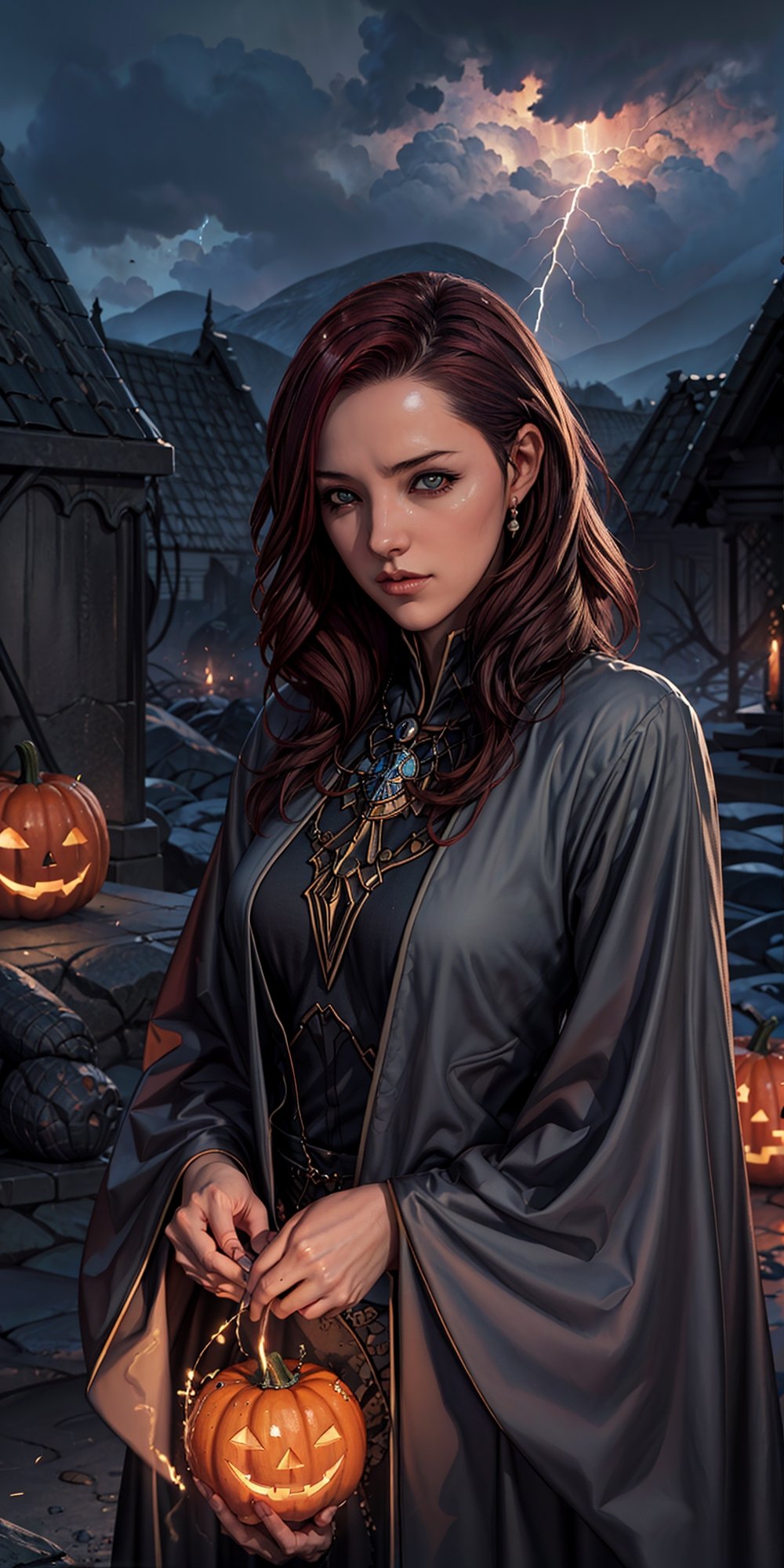 8K, Ultra-HD, Natural Lighting, Moody Lighting, Cinematic Lighting,
detailed,CG,unity,extremely detailed CG,movie style, 
a woman holding a glowing ,Jack O'Lanterns in her hands,  fantasy art, long flowing red hair, a pentagram shield,  lightning mage spell icon, benevolent android necromancer, high priestess tarot card, anime goddess, upper body,r1ge