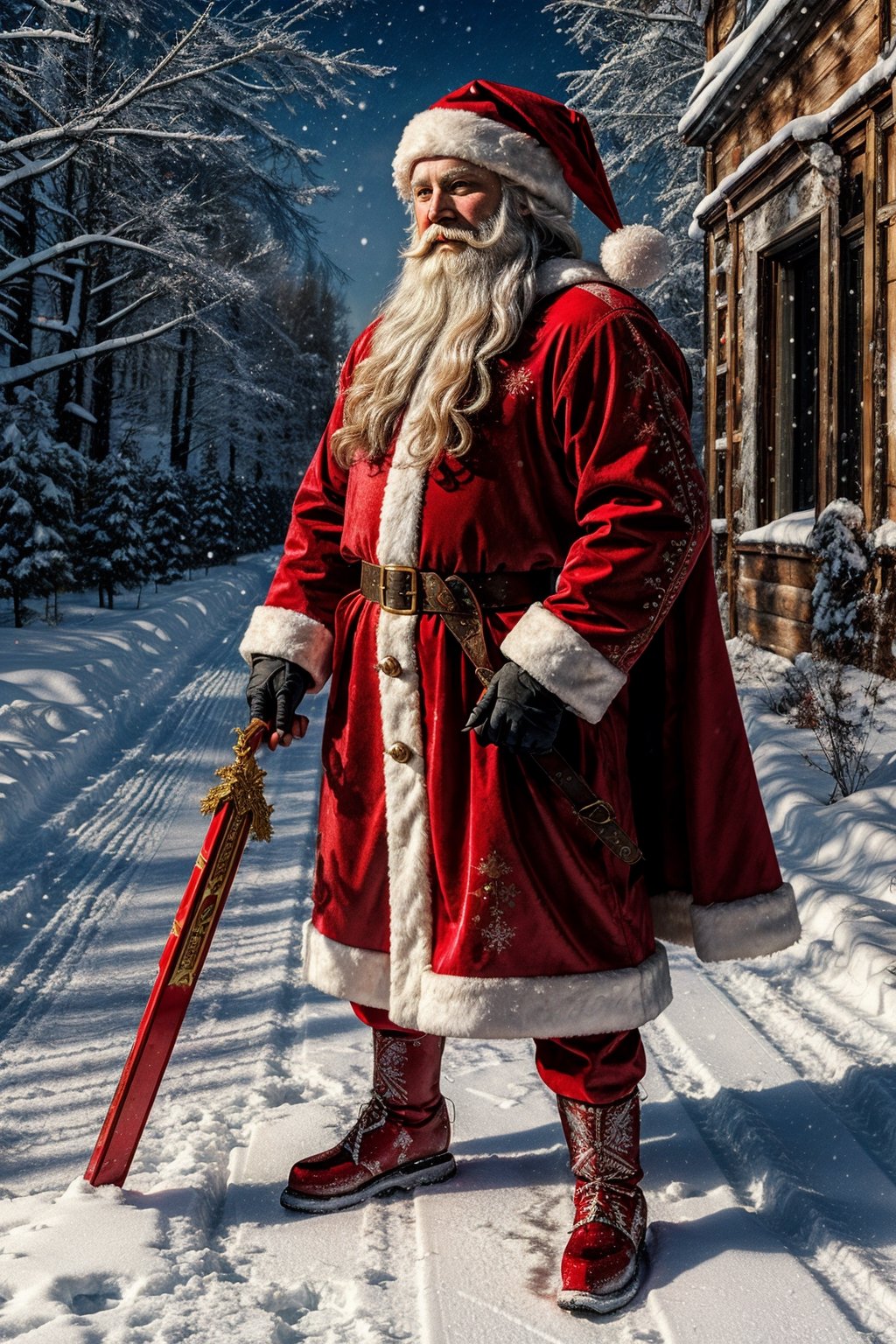 art by Leonardo da Vinci,Santa Claus,Wear red Christmas costume,Patterns, Icy, winter,snow
, etheral lighting, high contrast featuring muted colors, ultra detailed,  ,Masterpiece,full_body